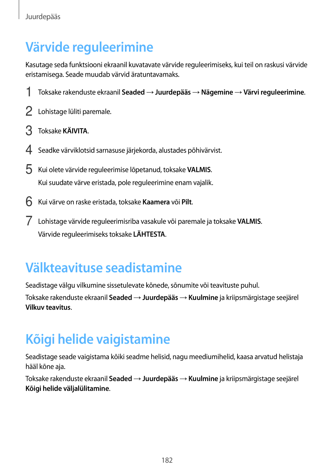 Samsung SM-G900FZKASEB, SM-G900FZDASEB manual Värvide reguleerimine, Välkteavituse seadistamine, Kõigi helide vaigistamine 