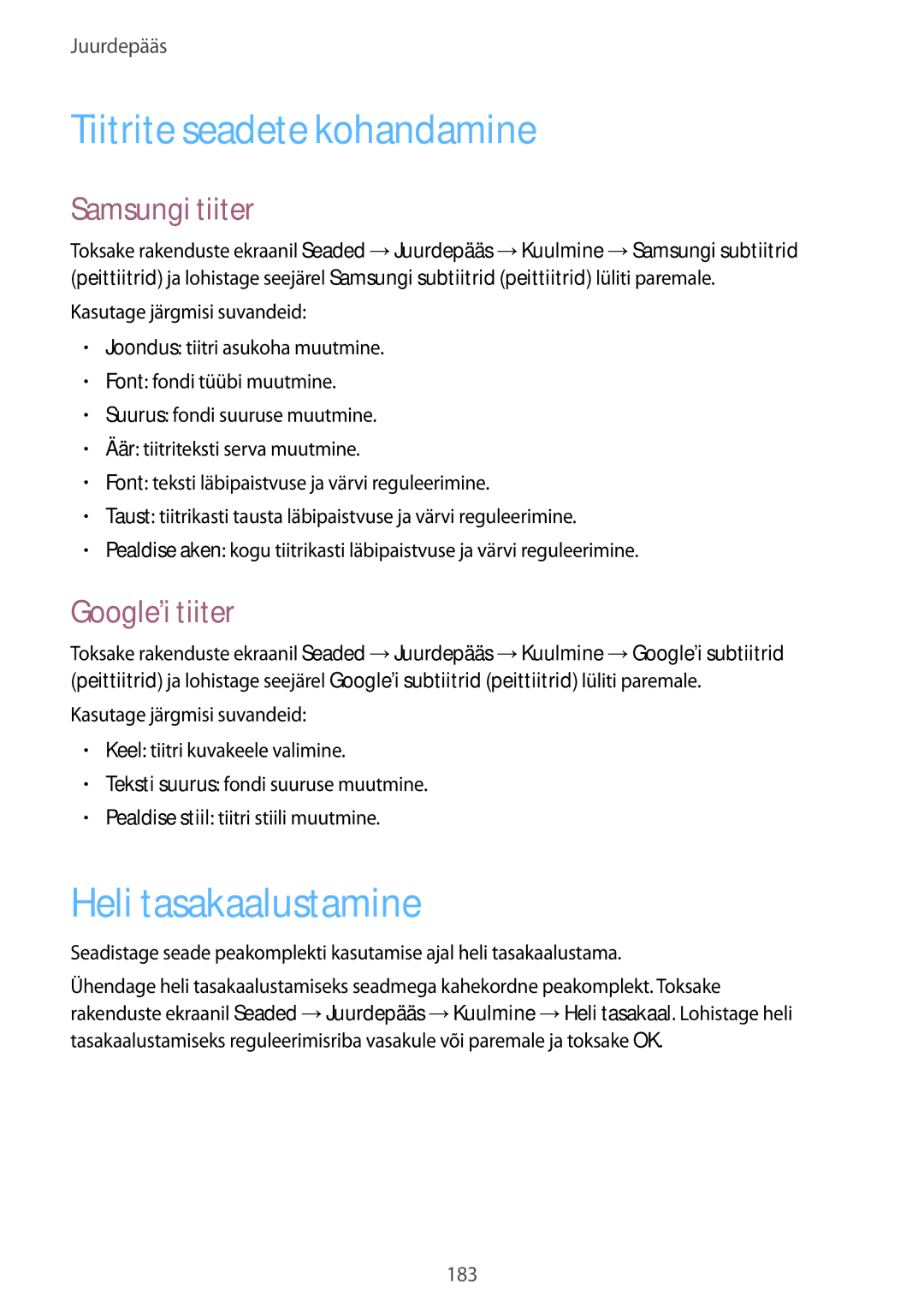 Samsung SM-G900FZBASEB manual Tiitrite seadete kohandamine, Heli tasakaalustamine, Samsungi tiiter, Google’i tiiter 