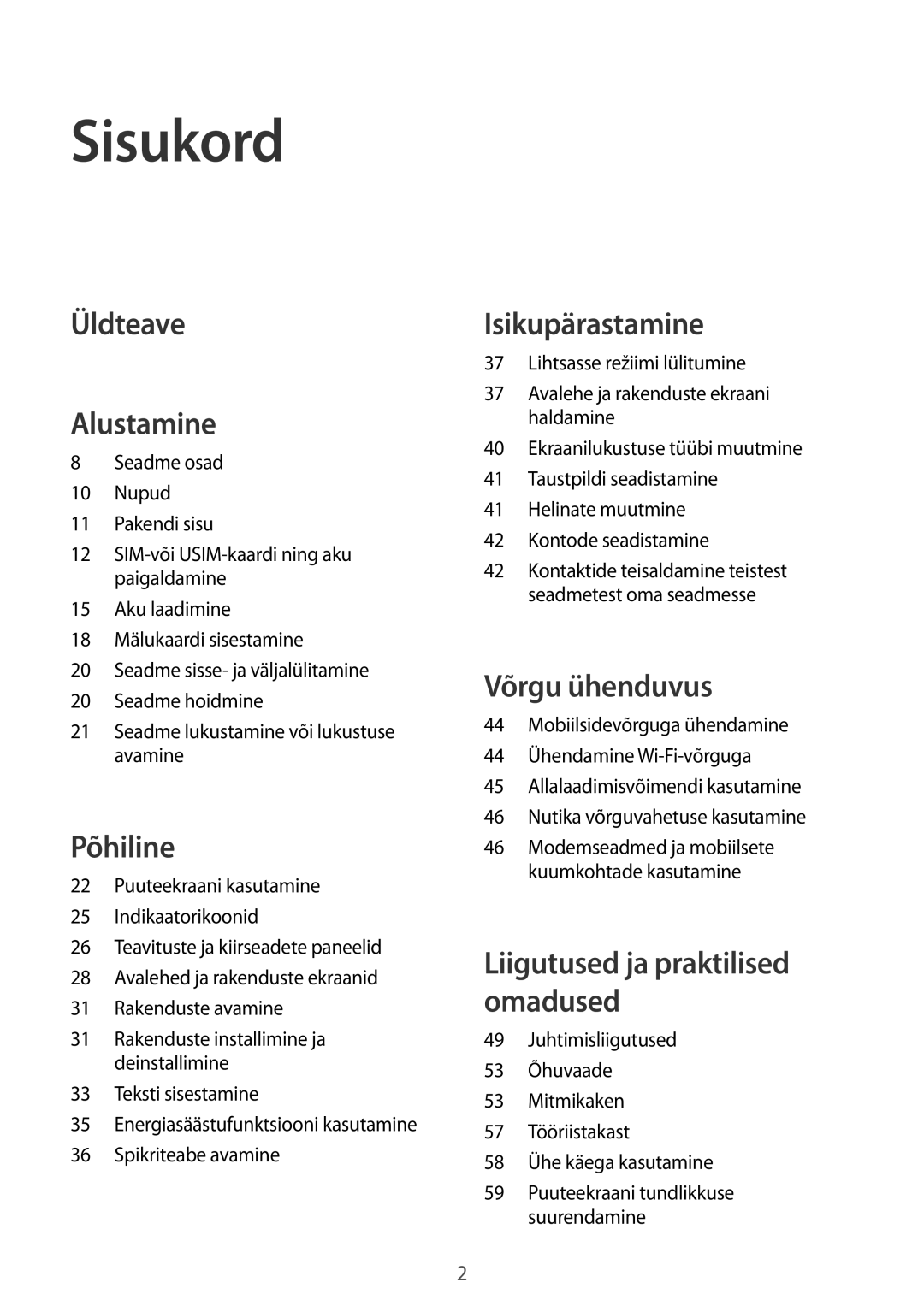 Samsung SM-G900FZKASEB, SM-G900FZDASEB, SM-G900FZWASEB, SM-G900FZBASEB manual Sisukord, Üldteave Alustamine 