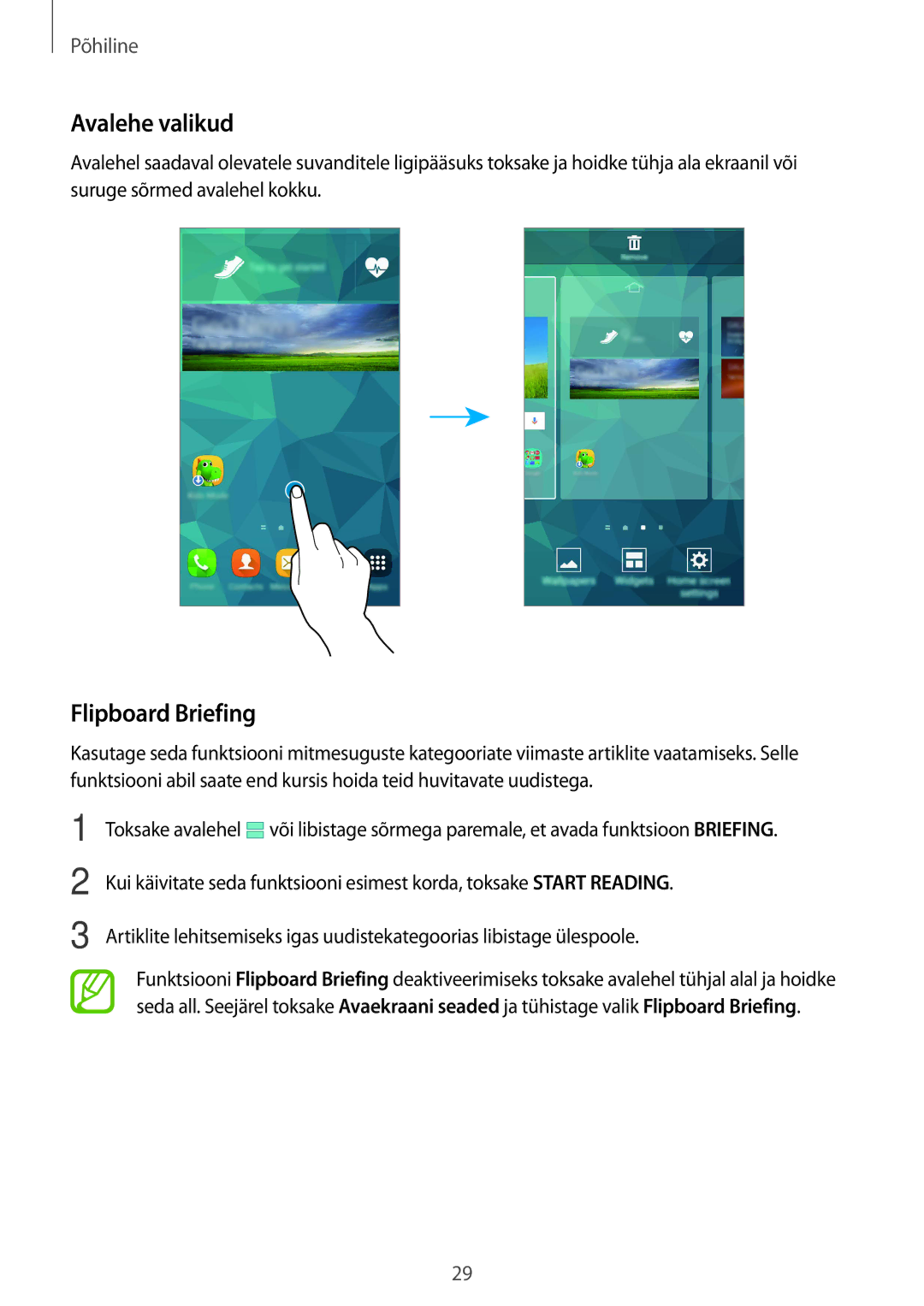 Samsung SM-G900FZWASEB, SM-G900FZDASEB, SM-G900FZKASEB, SM-G900FZBASEB manual Avalehe valikud, Flipboard Briefing 