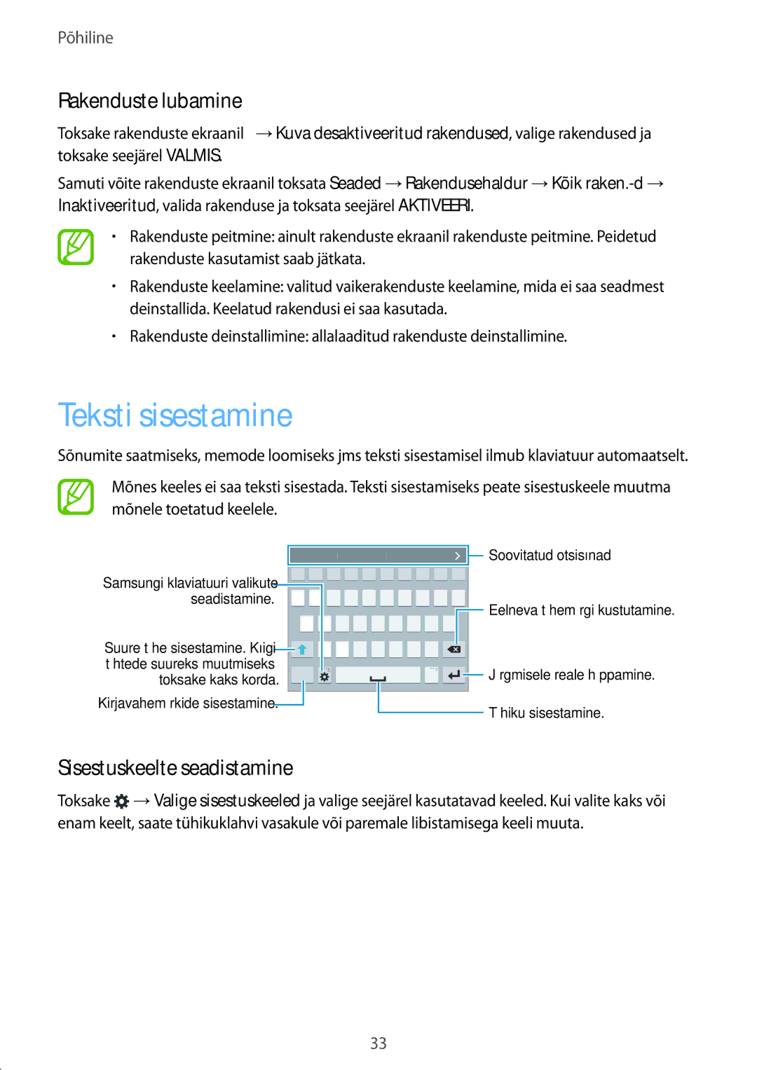 Samsung SM-G900FZWASEB, SM-G900FZDASEB, SM-G900FZKASEB Teksti sisestamine, Rakenduste lubamine, Sisestuskeelte seadistamine 