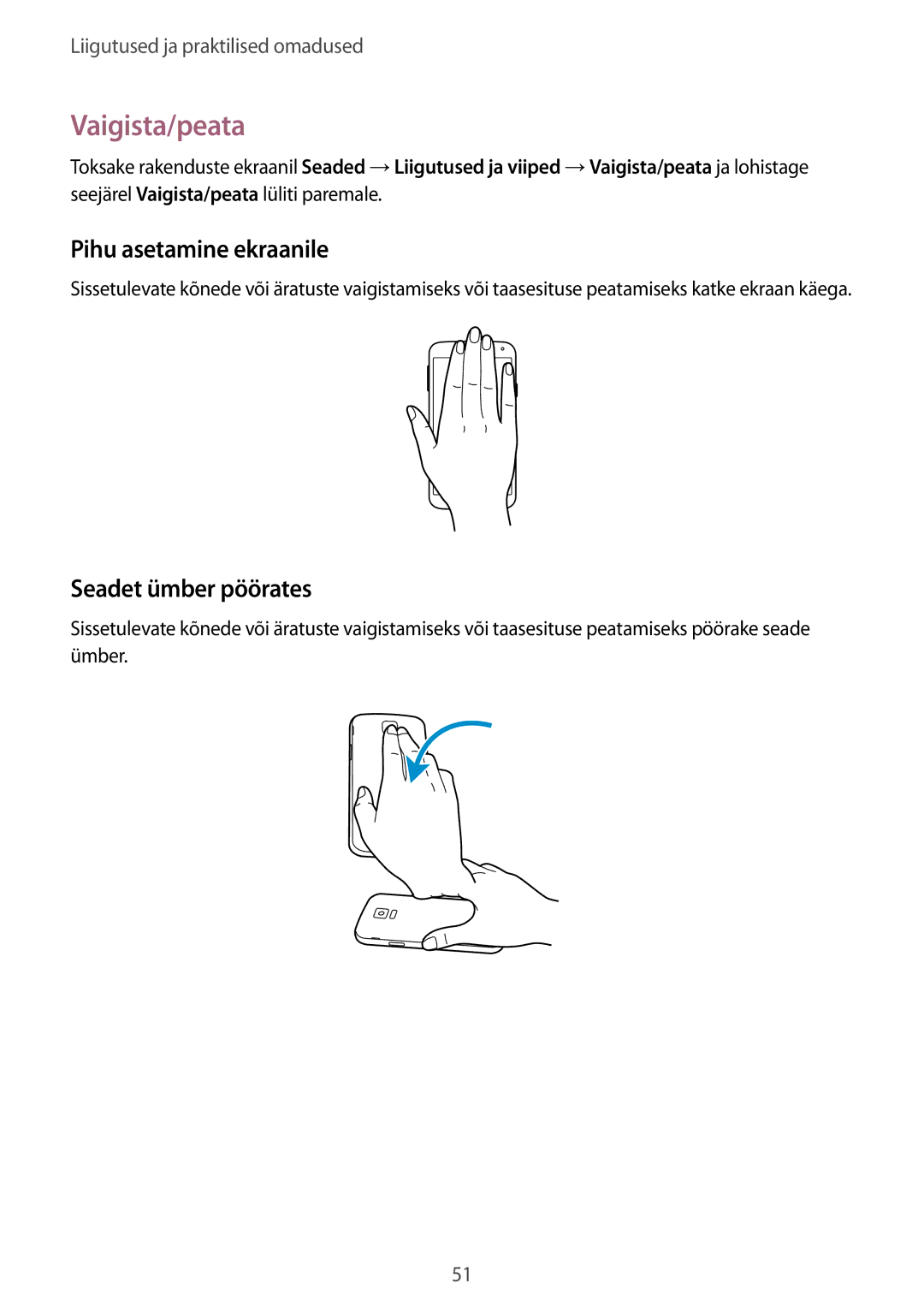 Samsung SM-G900FZBASEB, SM-G900FZDASEB, SM-G900FZWASEB manual Vaigista/peata, Pihu asetamine ekraanile, Seadet ümber pöörates 