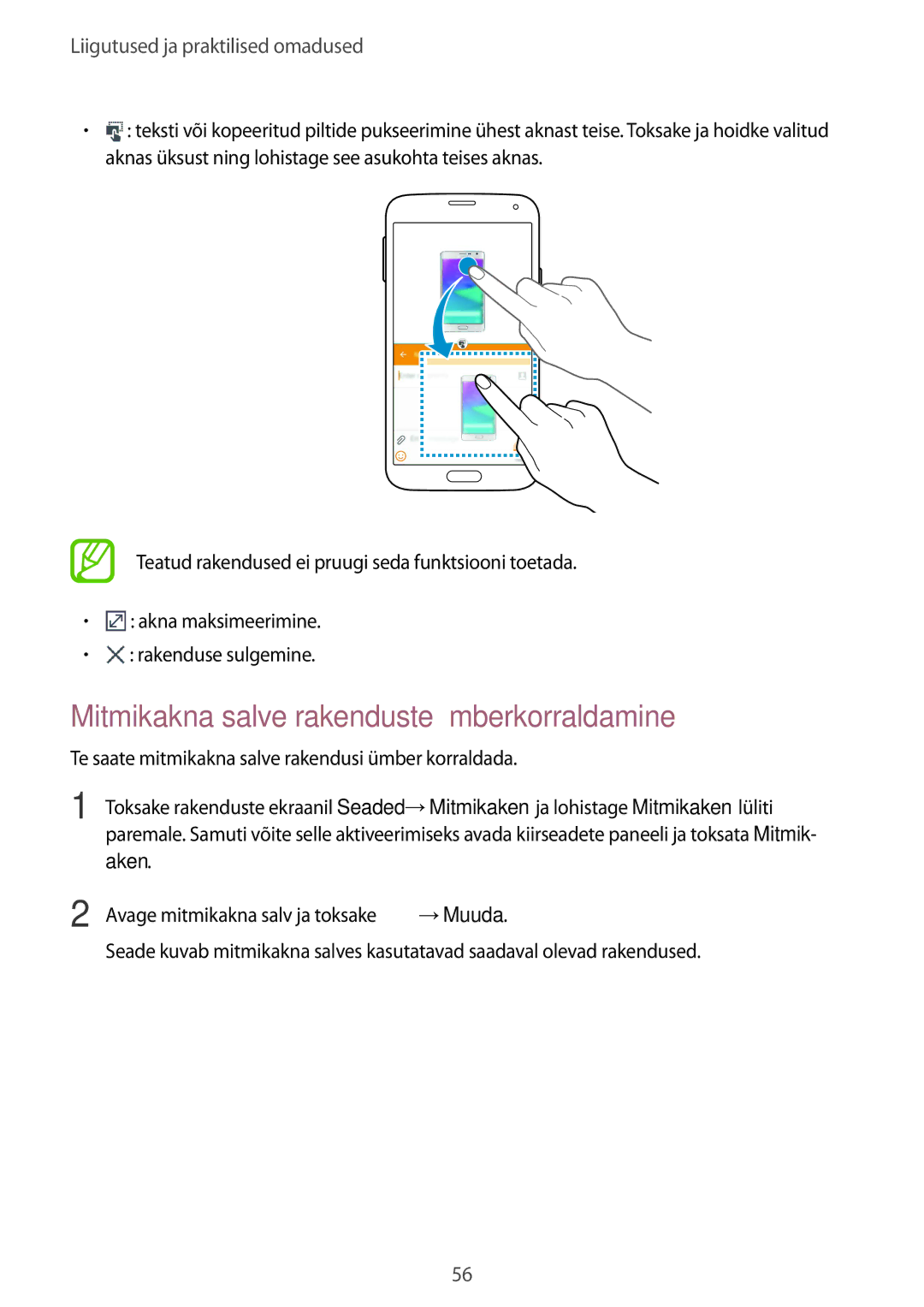 Samsung SM-G900FZDASEB, SM-G900FZWASEB, SM-G900FZKASEB, SM-G900FZBASEB manual Mitmikakna salve rakenduste ümberkorraldamine 