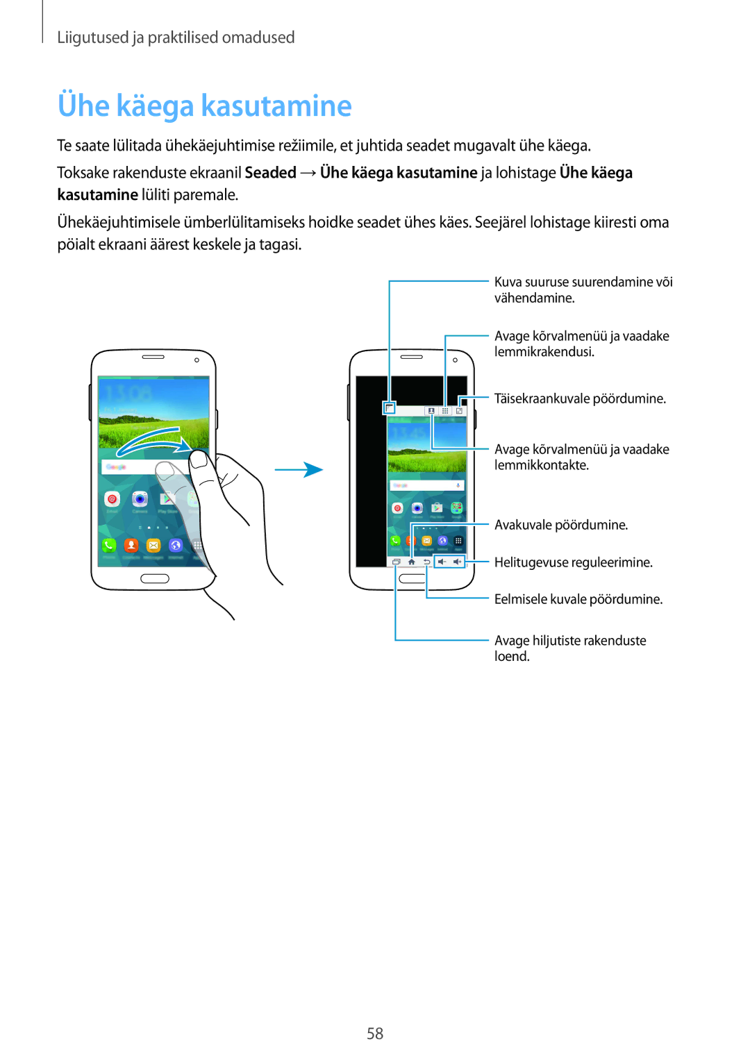 Samsung SM-G900FZKASEB, SM-G900FZDASEB, SM-G900FZWASEB, SM-G900FZBASEB manual Ühe käega kasutamine 