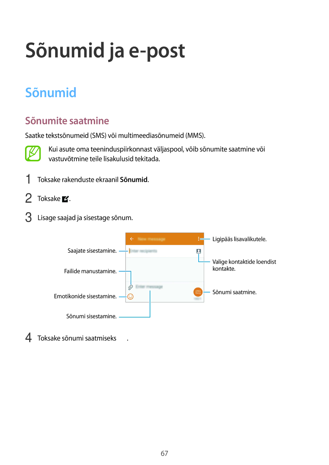 Samsung SM-G900FZBASEB, SM-G900FZDASEB, SM-G900FZWASEB, SM-G900FZKASEB manual Sõnumid ja e-post, Sõnumite saatmine 