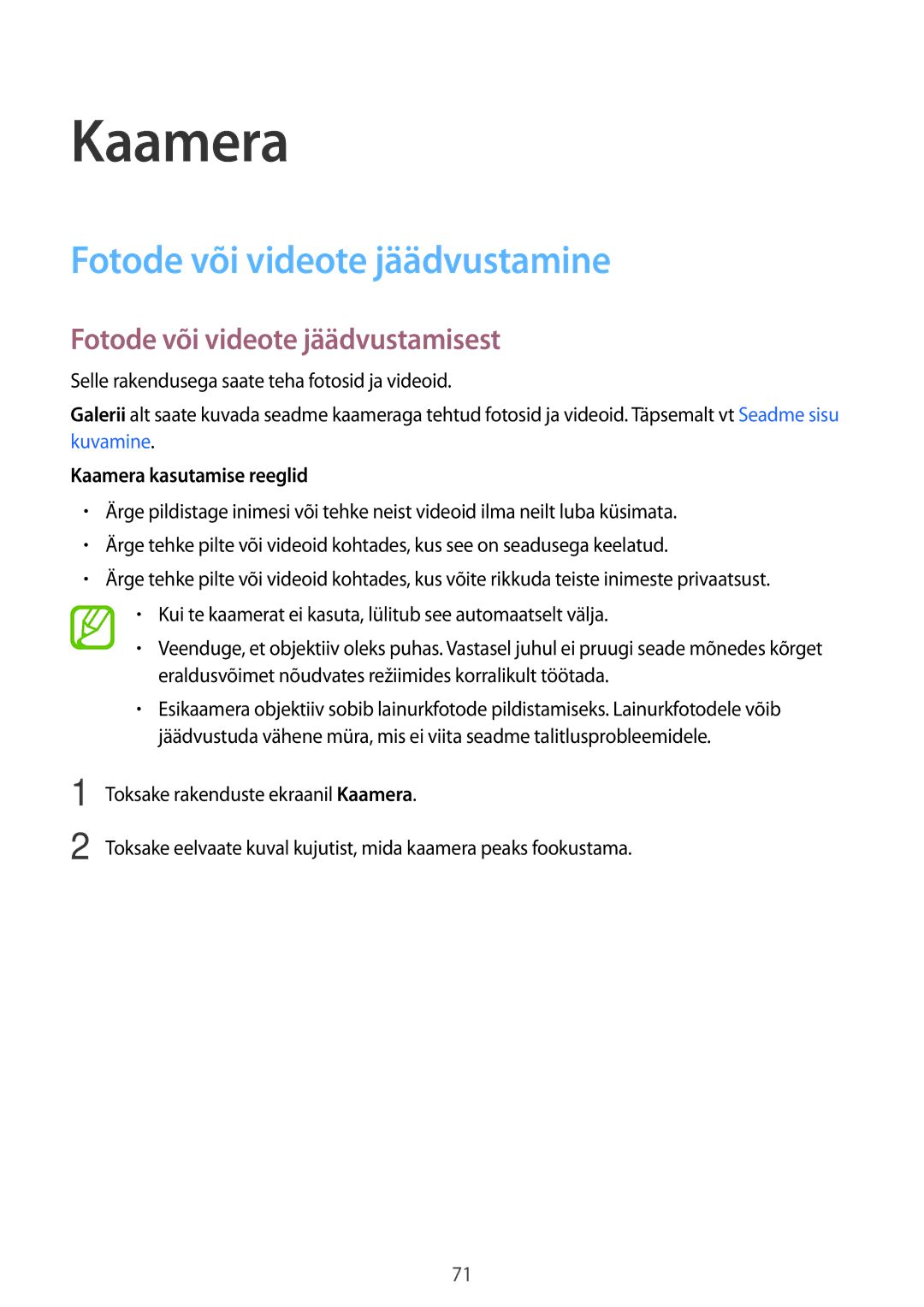 Samsung SM-G900FZBASEB, SM-G900FZDASEB manual Kaamera, Fotode või videote jäädvustamine, Fotode või videote jäädvustamisest 