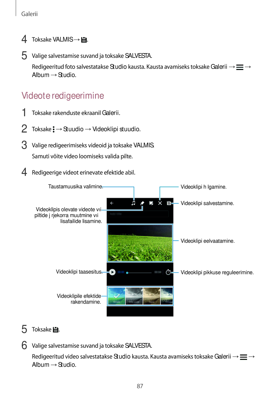Samsung SM-G900FZBASEB, SM-G900FZDASEB, SM-G900FZWASEB manual Videote redigeerimine, Toksake →Stuudio →Videoklipi stuudio 
