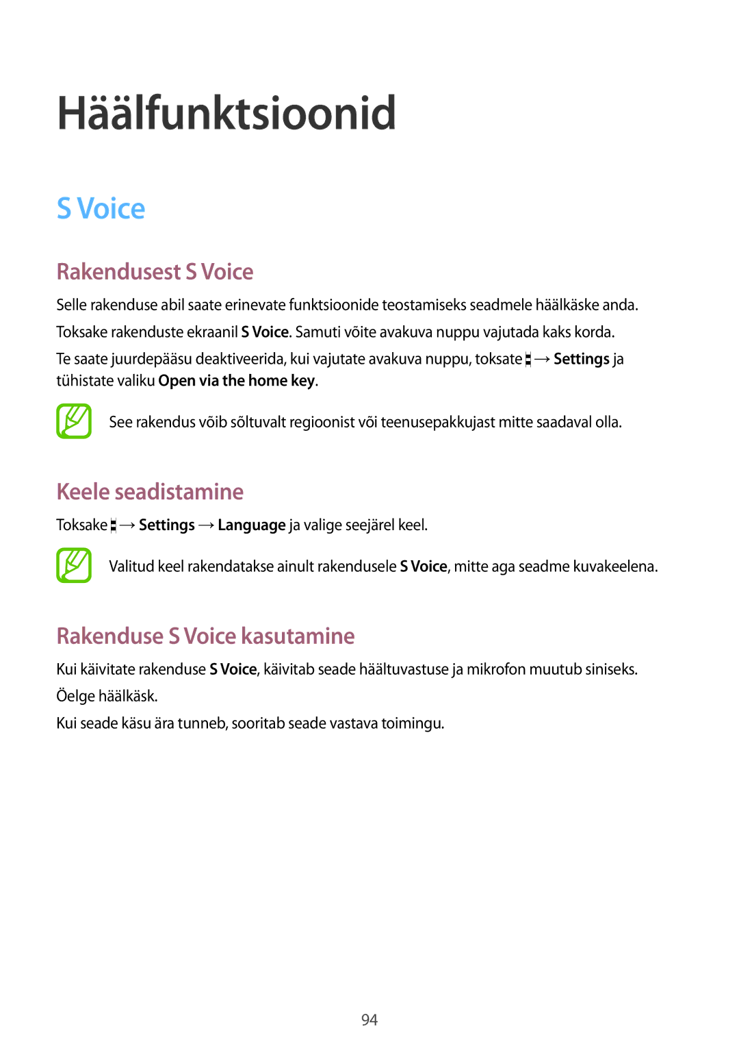 Samsung SM-G900FZKASEB manual Häälfunktsioonid, Rakendusest S Voice, Keele seadistamine, Rakenduse S Voice kasutamine 