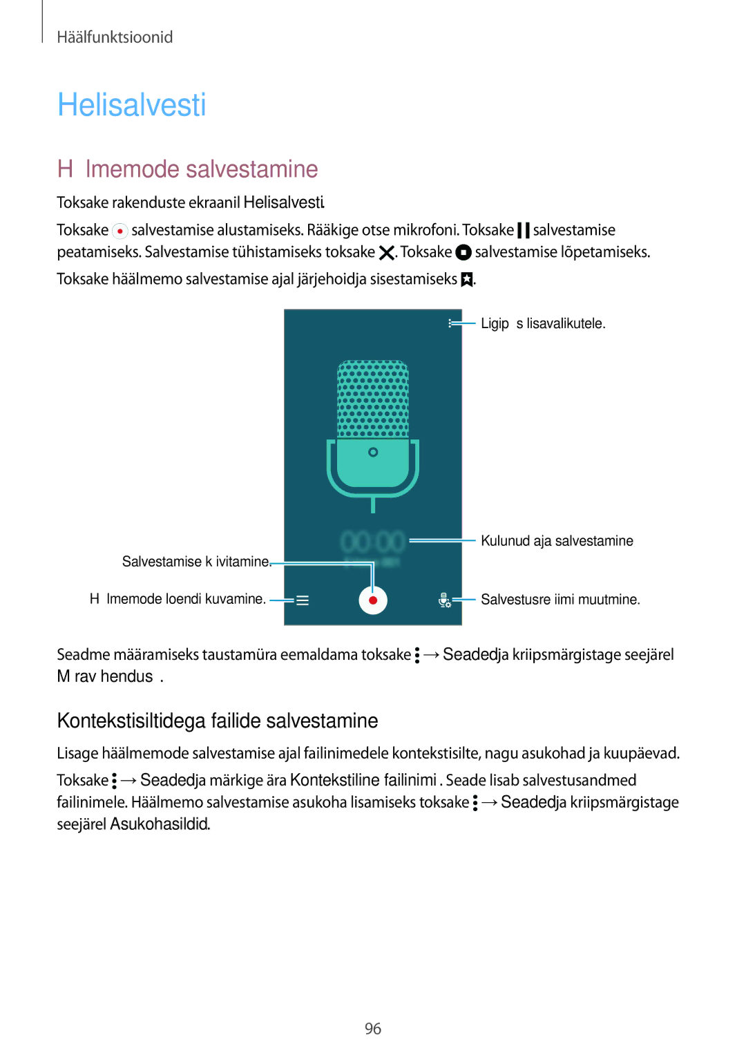 Samsung SM-G900FZDASEB, SM-G900FZWASEB manual Helisalvesti, Häälmemode salvestamine, Kontekstisiltidega failide salvestamine 