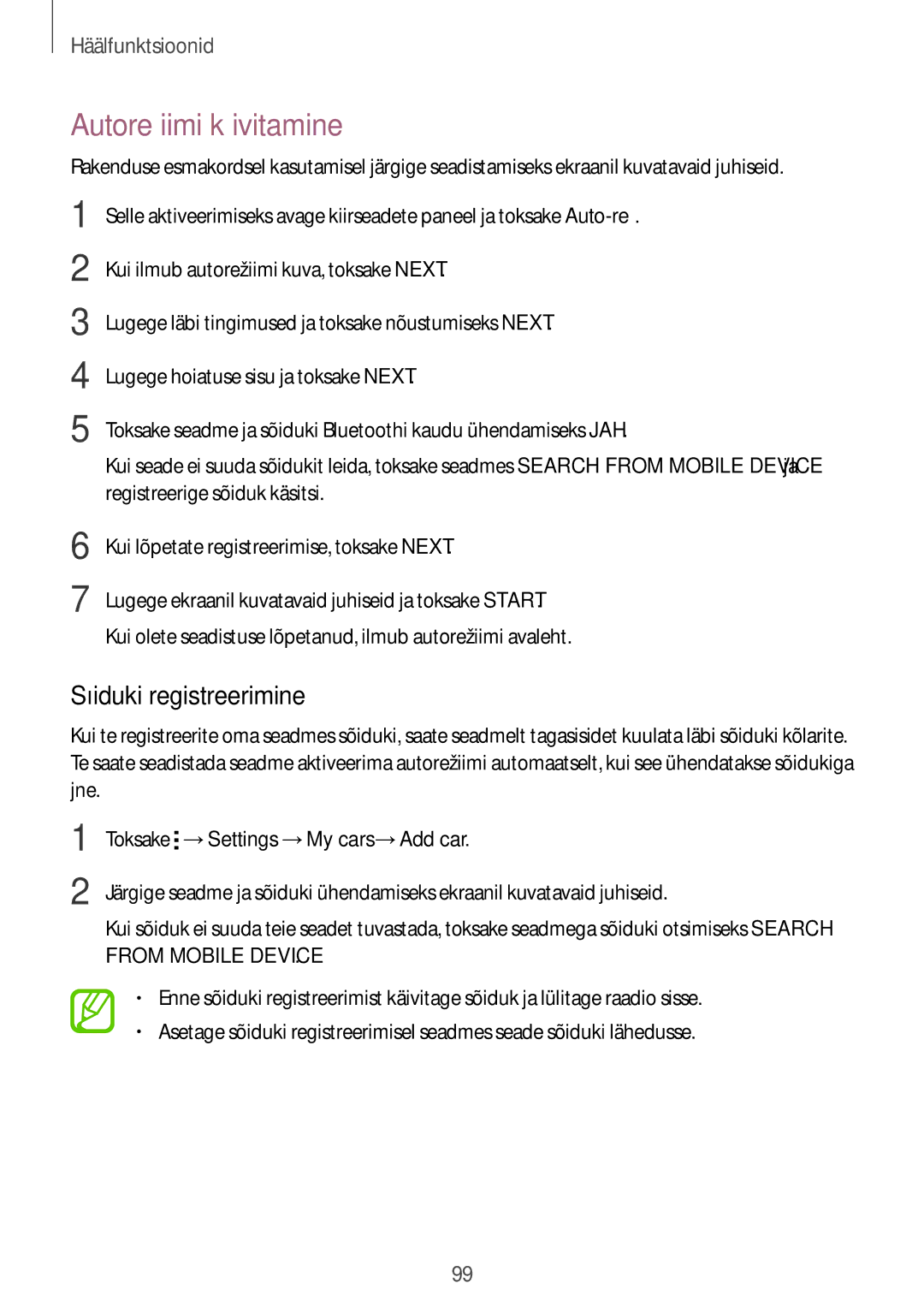 Samsung SM-G900FZBASEB manual Autorežiimi käivitamine, Sõiduki registreerimine, Toksake →Settings →My cars →Add car 