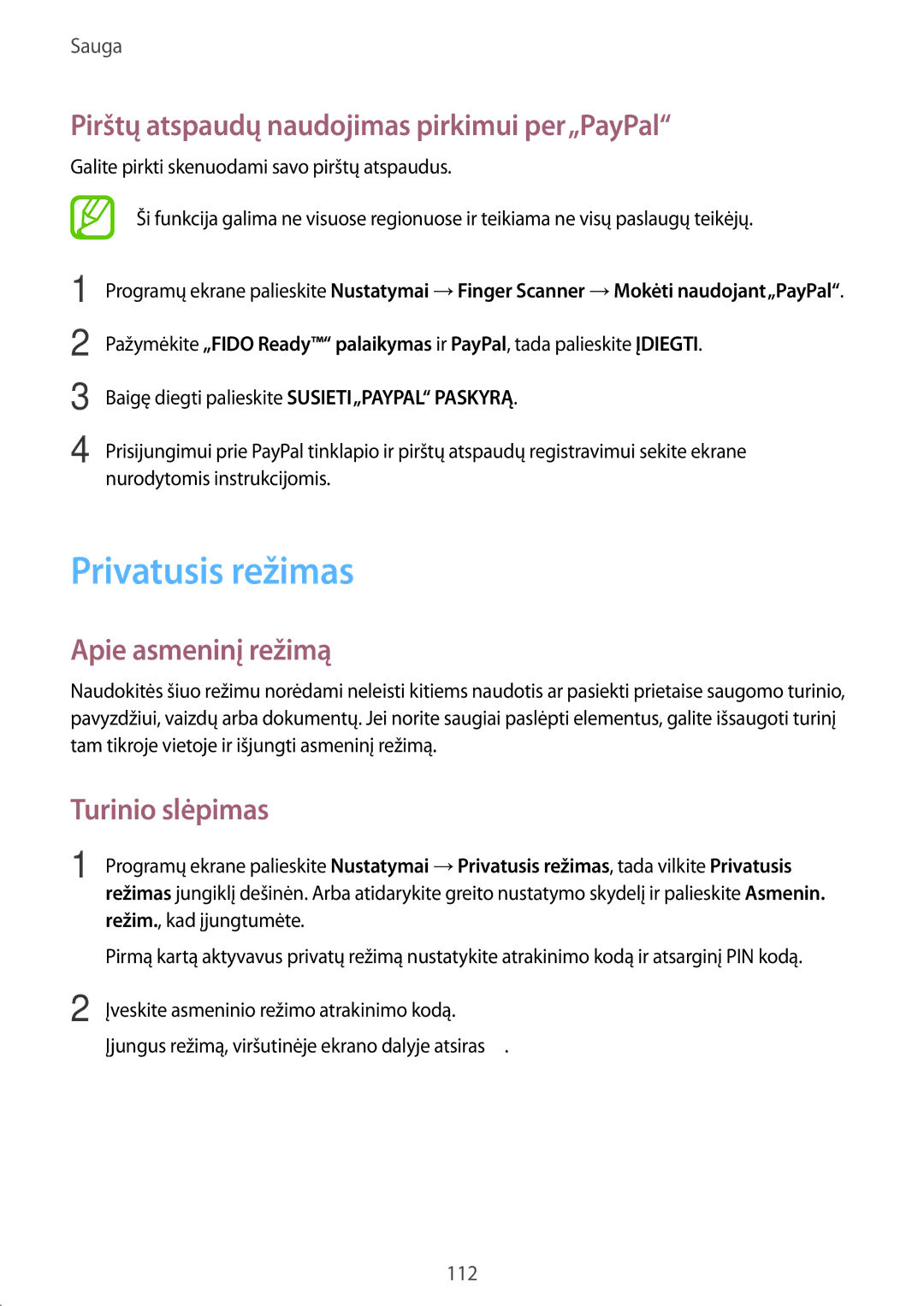 Samsung SM-G900FZDASEB manual Privatusis režimas, Pirštų atspaudų naudojimas pirkimui per„PayPal, Apie asmeninį režimą 