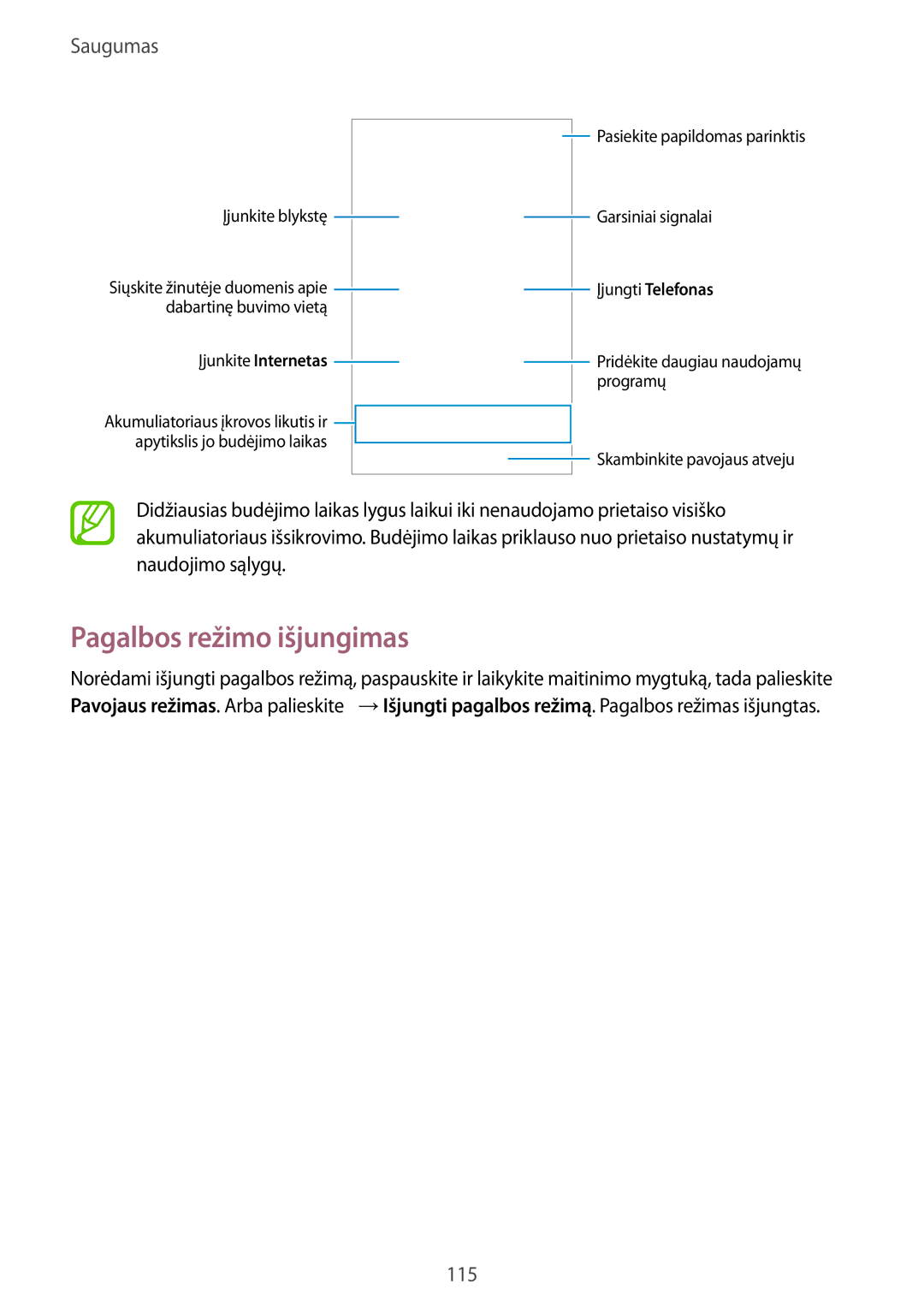 Samsung SM-G900FZBASEB, SM-G900FZDASEB, SM-G900FZWASEB, SM-G900FZKASEB manual Pagalbos režimo išjungimas, Saugumas 