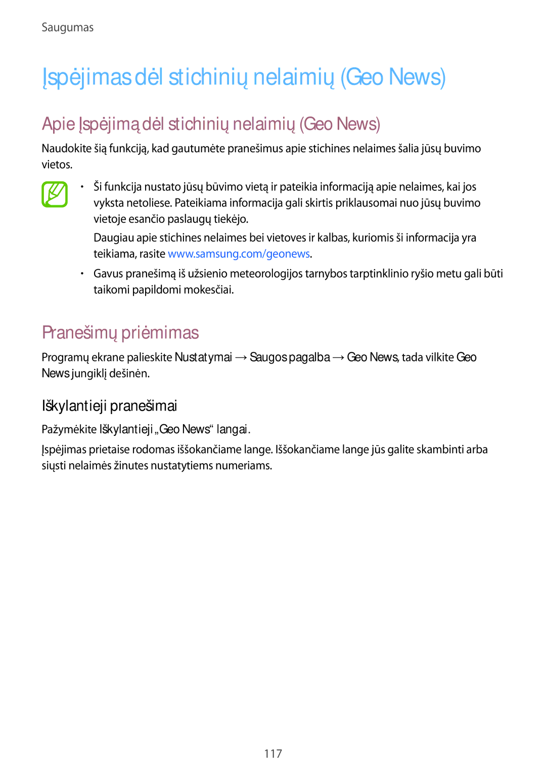 Samsung SM-G900FZWASEB manual Įspėjimas dėl stichinių nelaimių Geo News, Apie Įspėjimą dėl stichinių nelaimių Geo News 