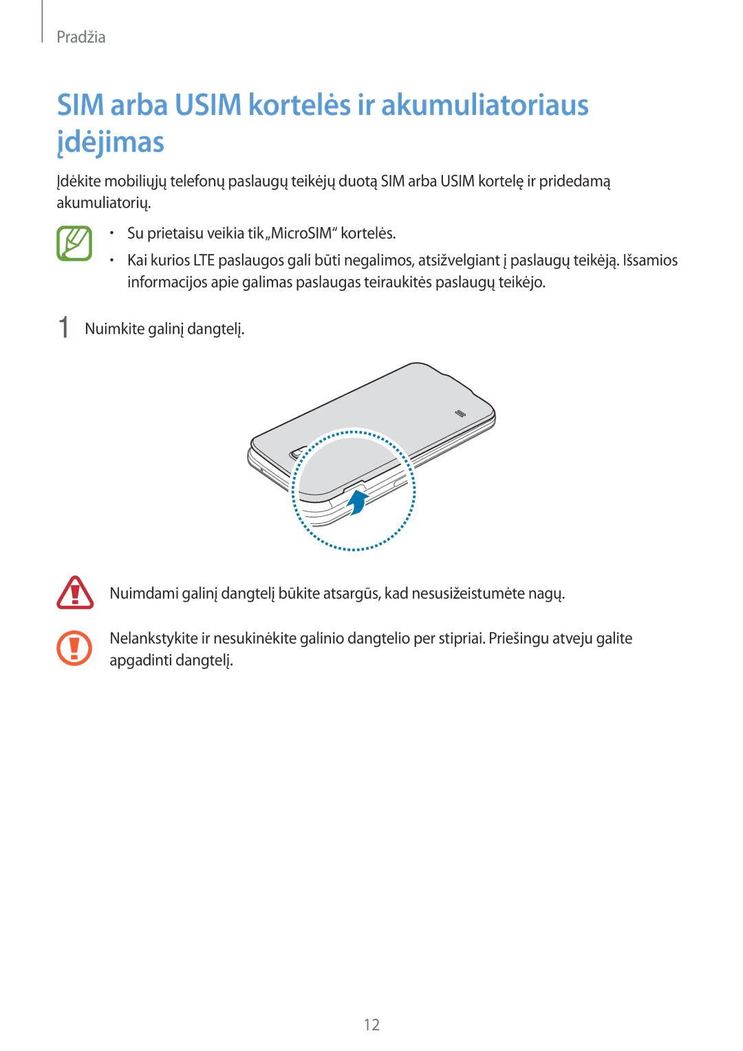 Samsung SM-G900FZDASEB, SM-G900FZWASEB, SM-G900FZKASEB, SM-G900FZBASEB SIM arba Usim kortelės ir akumuliatoriaus įdėjimas 