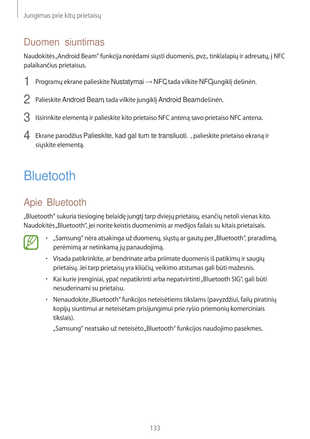 Samsung SM-G900FZWASEB, SM-G900FZDASEB, SM-G900FZKASEB, SM-G900FZBASEB manual Duomenų siuntimas, Apie„Bluetooth 