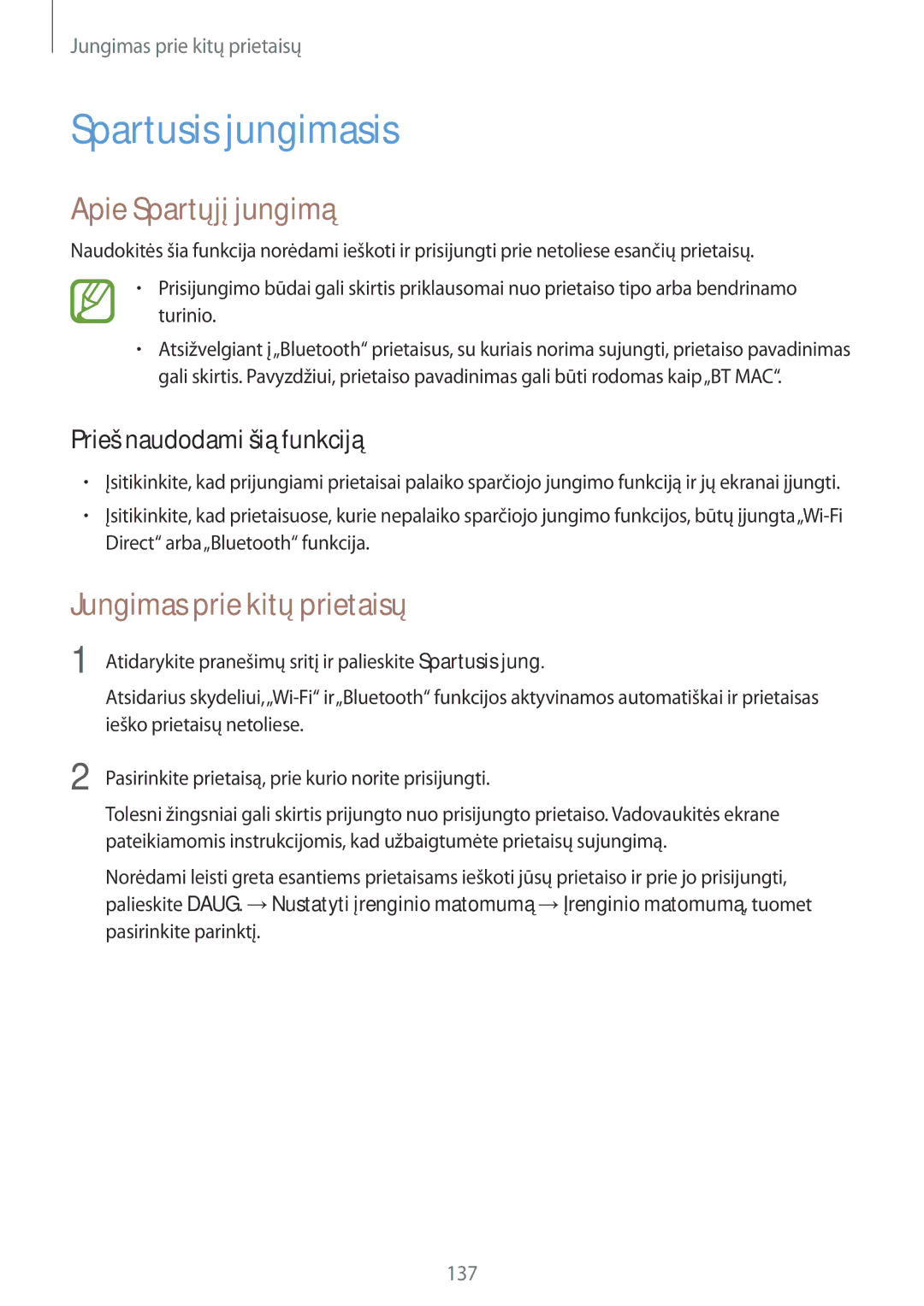 Samsung SM-G900FZWASEB, SM-G900FZDASEB manual Spartusis jungimasis, Apie Spartųjį jungimą, Jungimas prie kitų prietaisų 