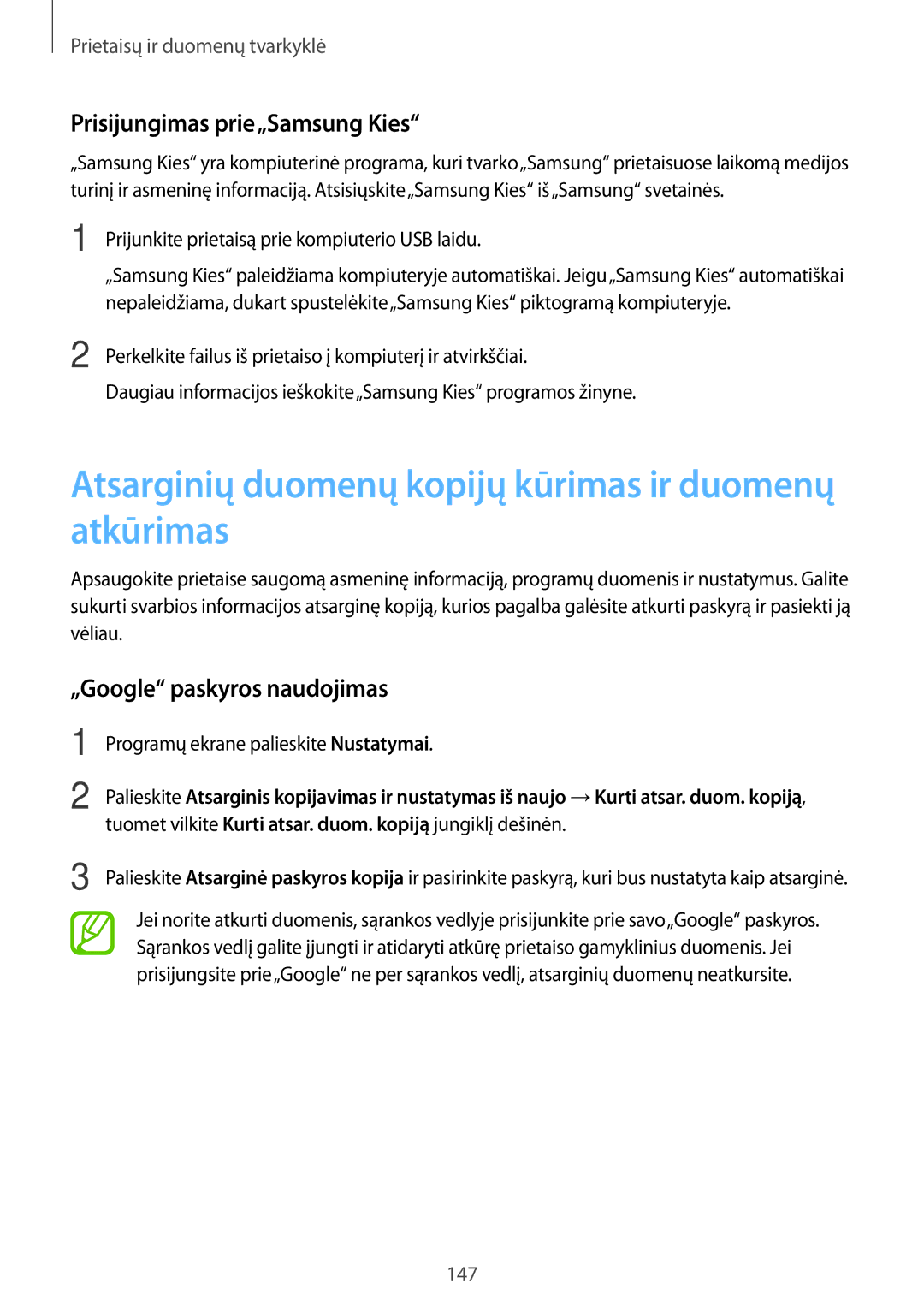 Samsung SM-G900FZBASEB manual Atsarginių duomenų kopijų kūrimas ir duomenų atkūrimas, Prisijungimas prie„Samsung Kies 