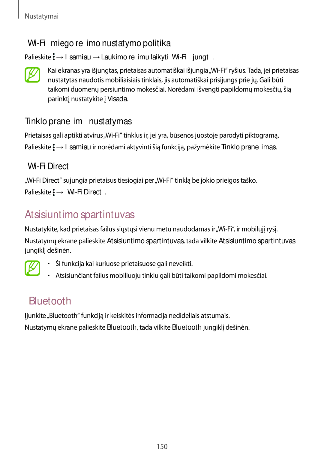 Samsung SM-G900FZKASEB manual Atsisiuntimo spartintuvas, „Bluetooth, „Wi-Fi miego režimo nustatymo politika, „Wi-Fi Direct 