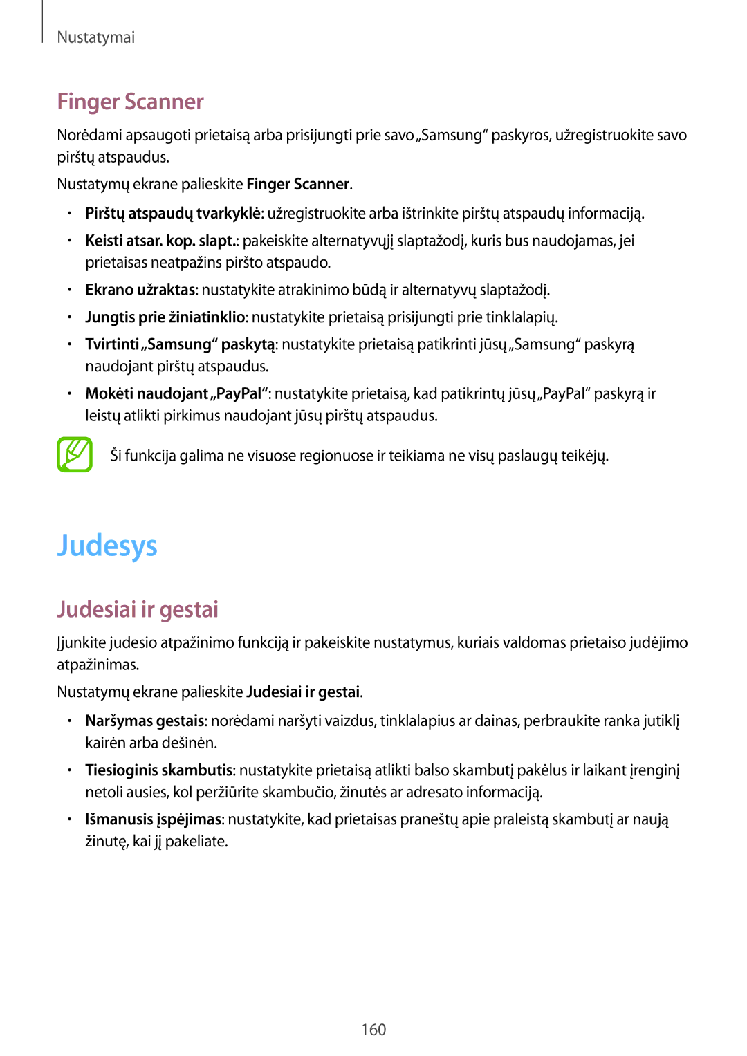 Samsung SM-G900FZDASEB, SM-G900FZWASEB, SM-G900FZKASEB, SM-G900FZBASEB manual Judesys, Finger Scanner, Judesiai ir gestai 