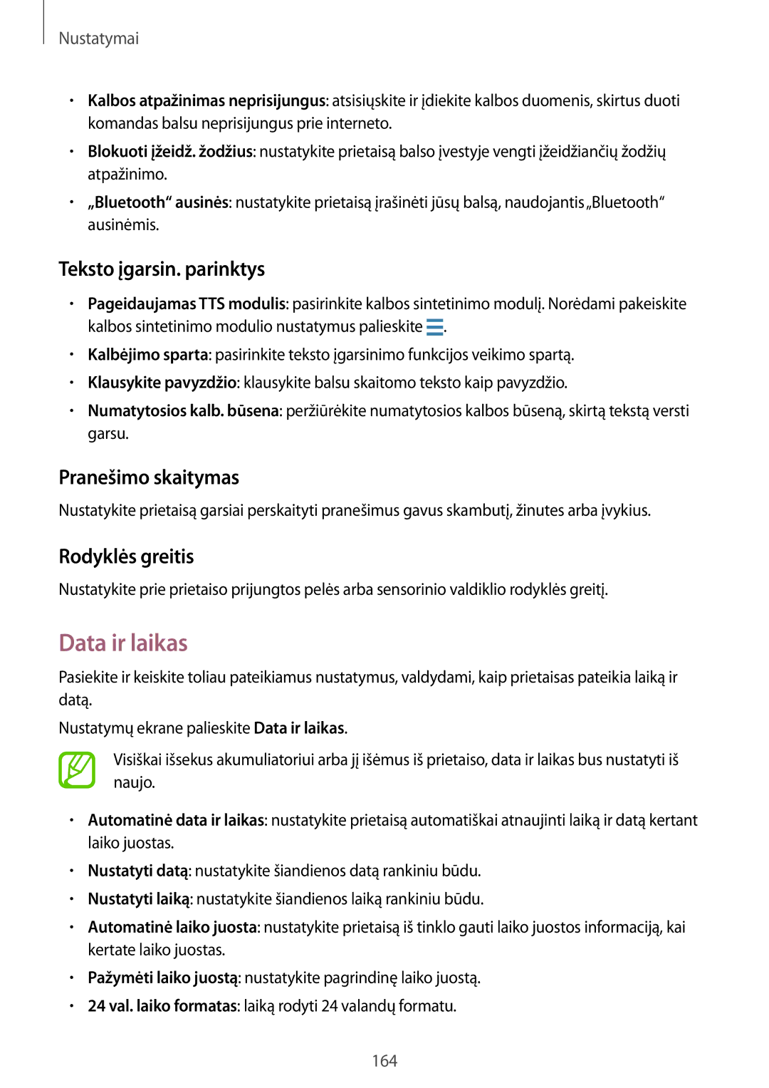 Samsung SM-G900FZDASEB, SM-G900FZWASEB Data ir laikas, Teksto įgarsin. parinktys, Pranešimo skaitymas, Rodyklės greitis 