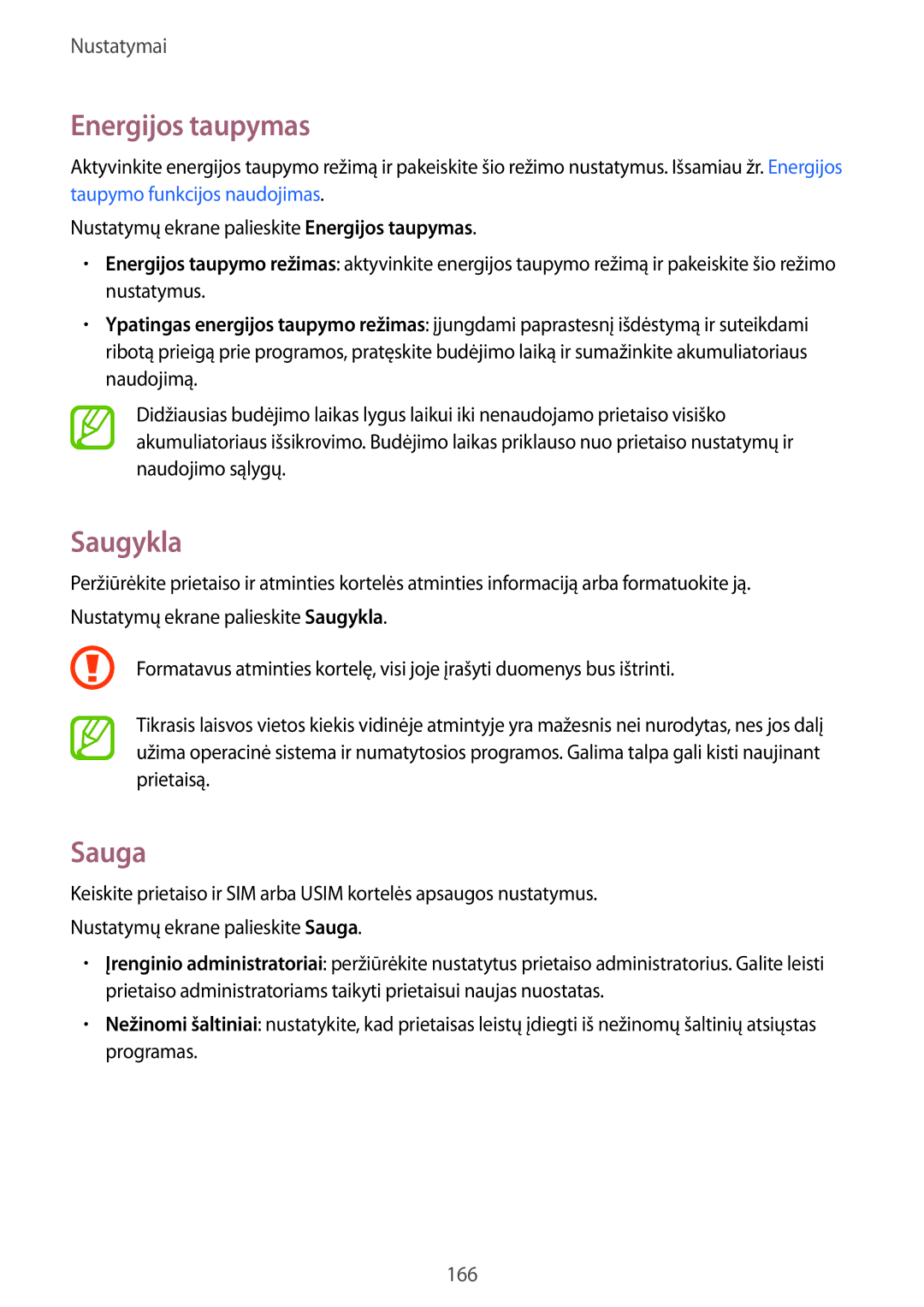 Samsung SM-G900FZKASEB, SM-G900FZDASEB, SM-G900FZWASEB, SM-G900FZBASEB manual Energijos taupymas, Saugykla, Sauga 