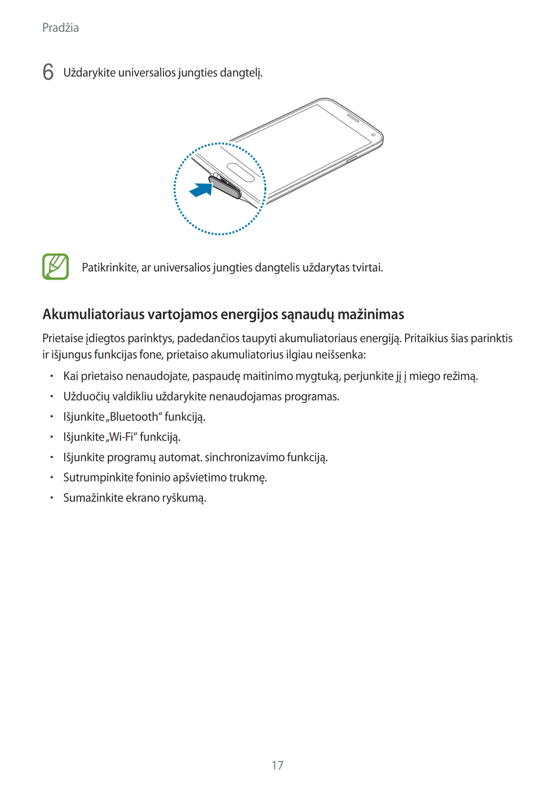 Samsung SM-G900FZWASEB, SM-G900FZDASEB, SM-G900FZKASEB manual Akumuliatoriaus vartojamos energijos sąnaudų mažinimas 