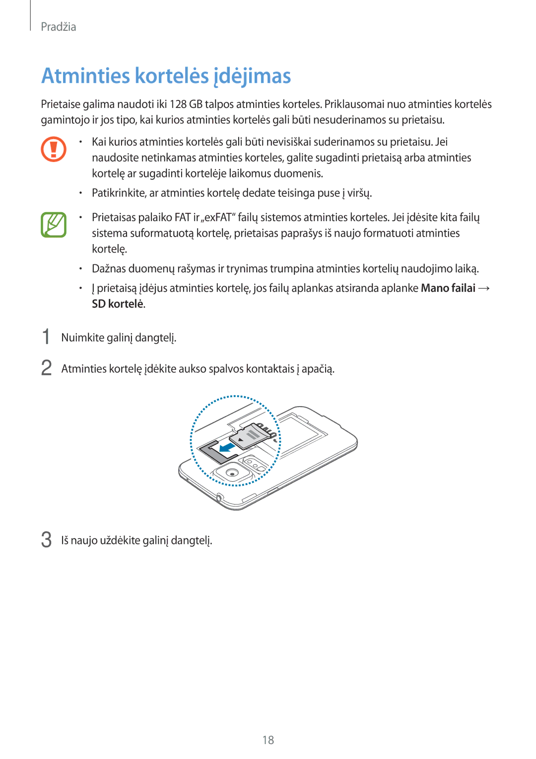 Samsung SM-G900FZKASEB, SM-G900FZDASEB, SM-G900FZWASEB, SM-G900FZBASEB manual Atminties kortelės įdėjimas 