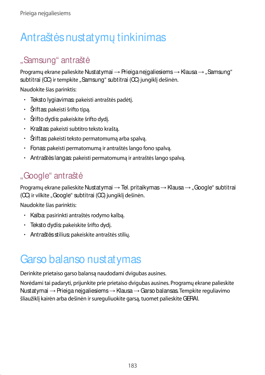 Samsung SM-G900FZBASEB manual Antraštės nustatymų tinkinimas, Garso balanso nustatymas, „Samsung antraštė, „Google antraštė 