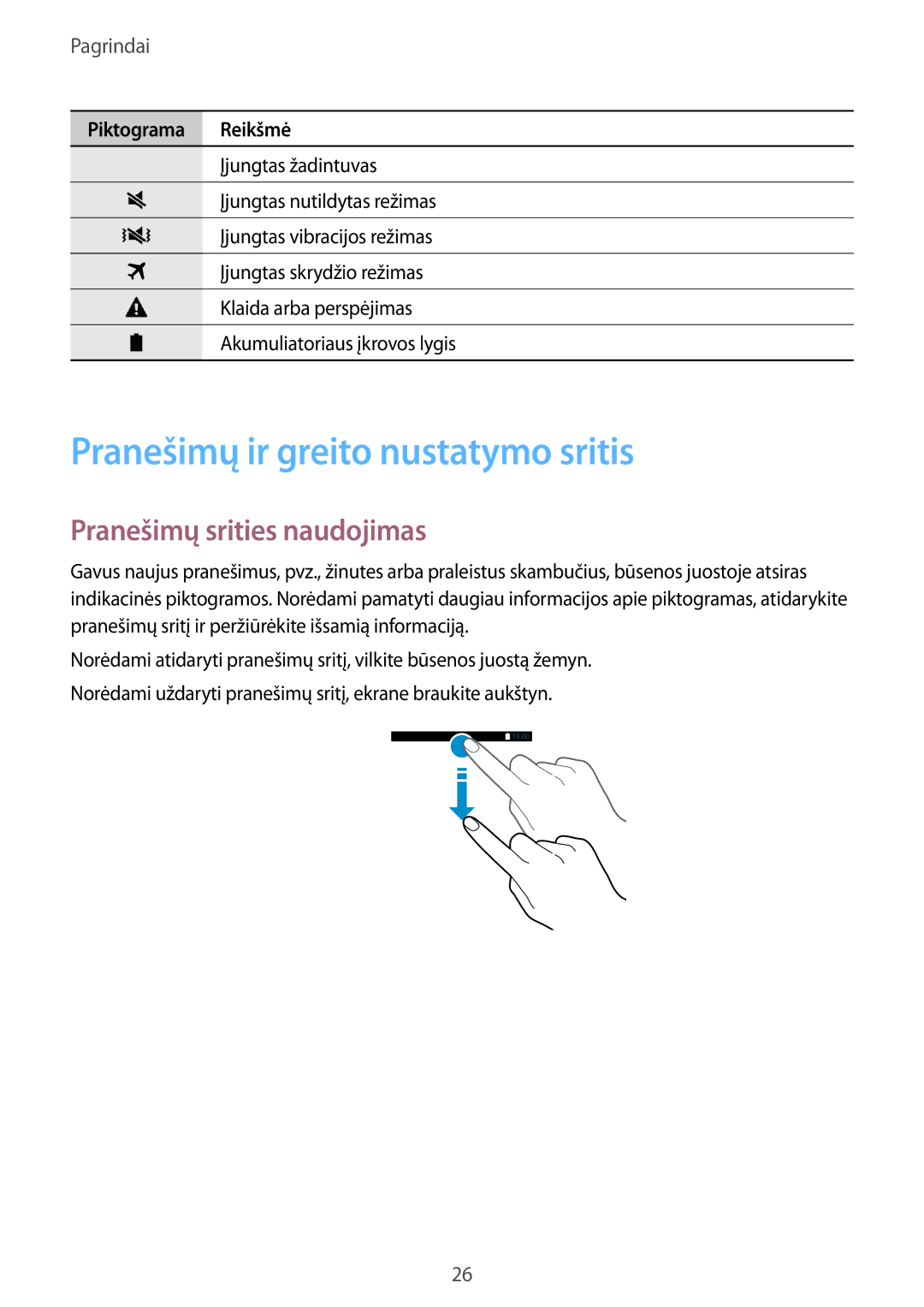 Samsung SM-G900FZKASEB, SM-G900FZDASEB, SM-G900FZWASEB Pranešimų ir greito nustatymo sritis, Pranešimų srities naudojimas 