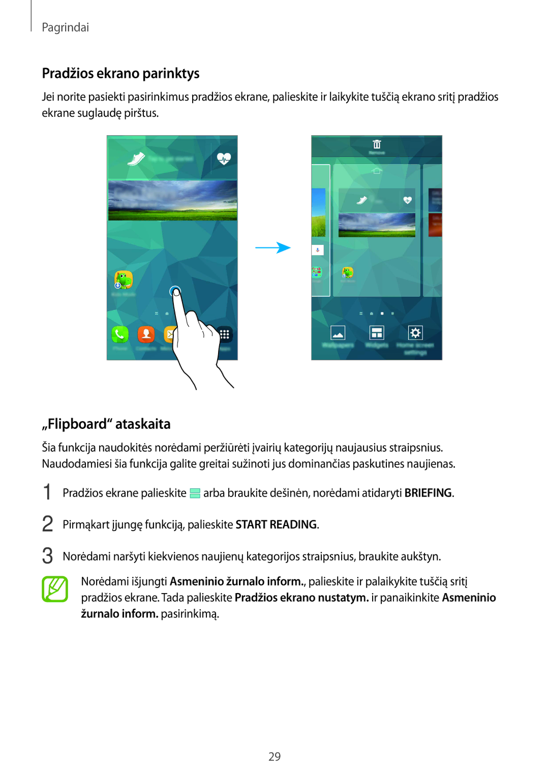 Samsung SM-G900FZWASEB, SM-G900FZDASEB, SM-G900FZKASEB, SM-G900FZBASEB manual Pradžios ekrano parinktys, „Flipboard ataskaita 