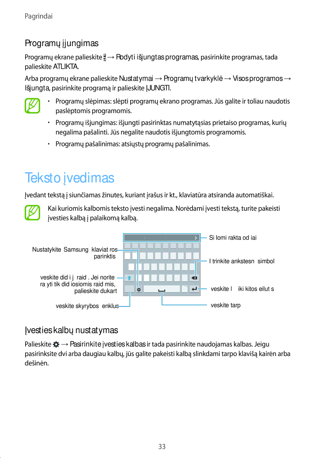 Samsung SM-G900FZWASEB, SM-G900FZDASEB, SM-G900FZKASEB manual Teksto įvedimas, Programų įjungimas, Įvesties kalbų nustatymas 