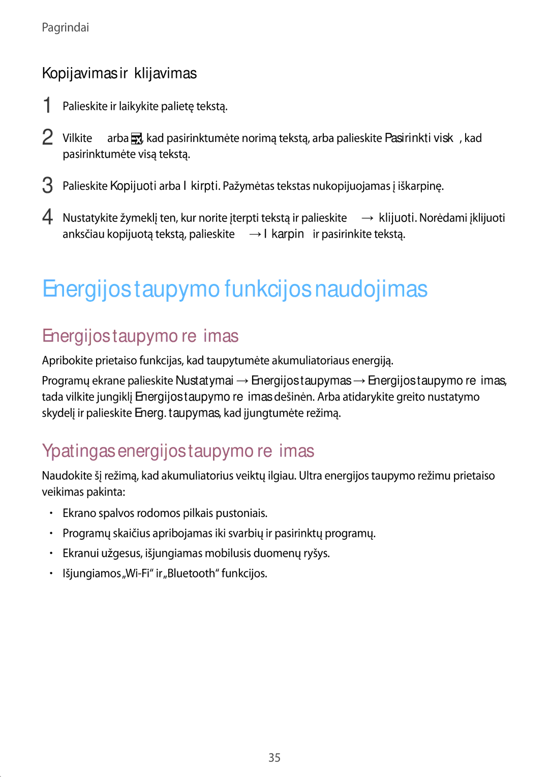 Samsung SM-G900FZBASEB manual Energijos taupymo funkcijos naudojimas, Energijos taupymo režimas, Kopijavimas ir įklijavimas 