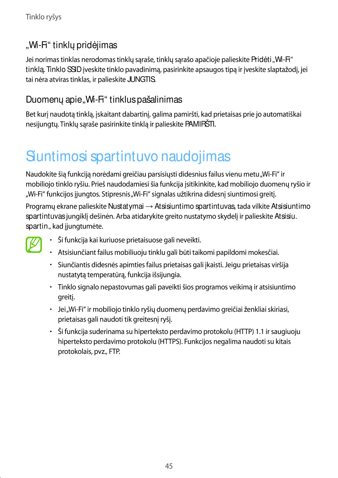 Samsung SM-G900FZWASEB Siuntimosi spartintuvo naudojimas, „Wi-Fi tinklų pridėjimas, Duomenų apie„Wi-Fi tinklus pašalinimas 