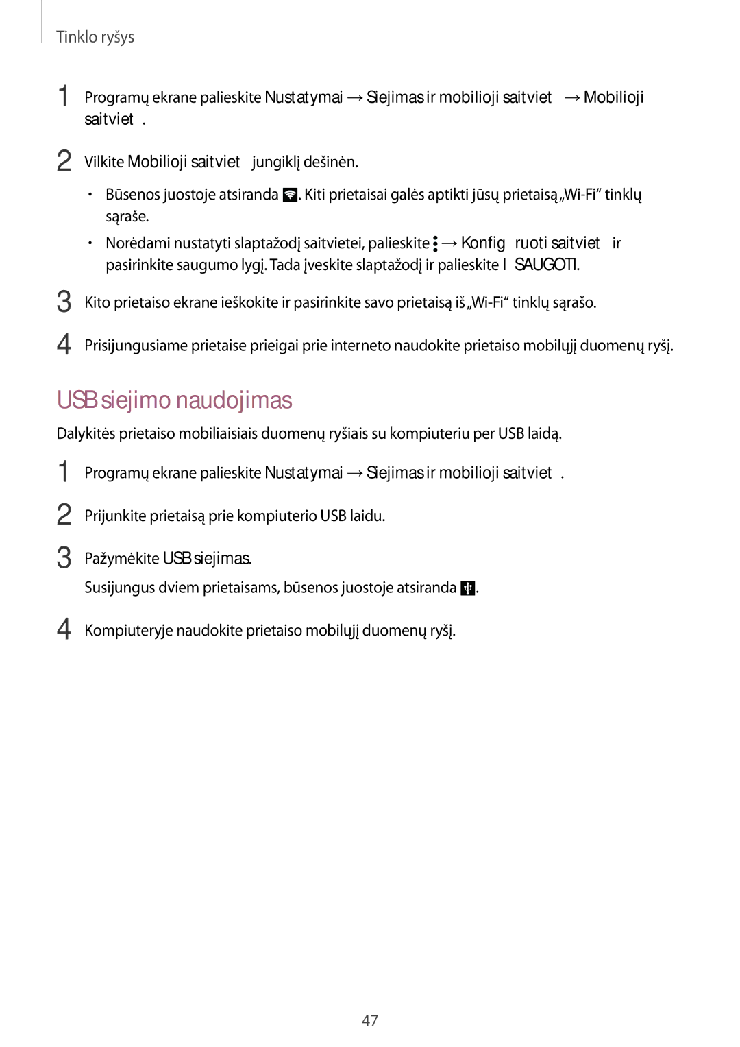 Samsung SM-G900FZBASEB, SM-G900FZDASEB, SM-G900FZWASEB, SM-G900FZKASEB manual USB siejimo naudojimas 