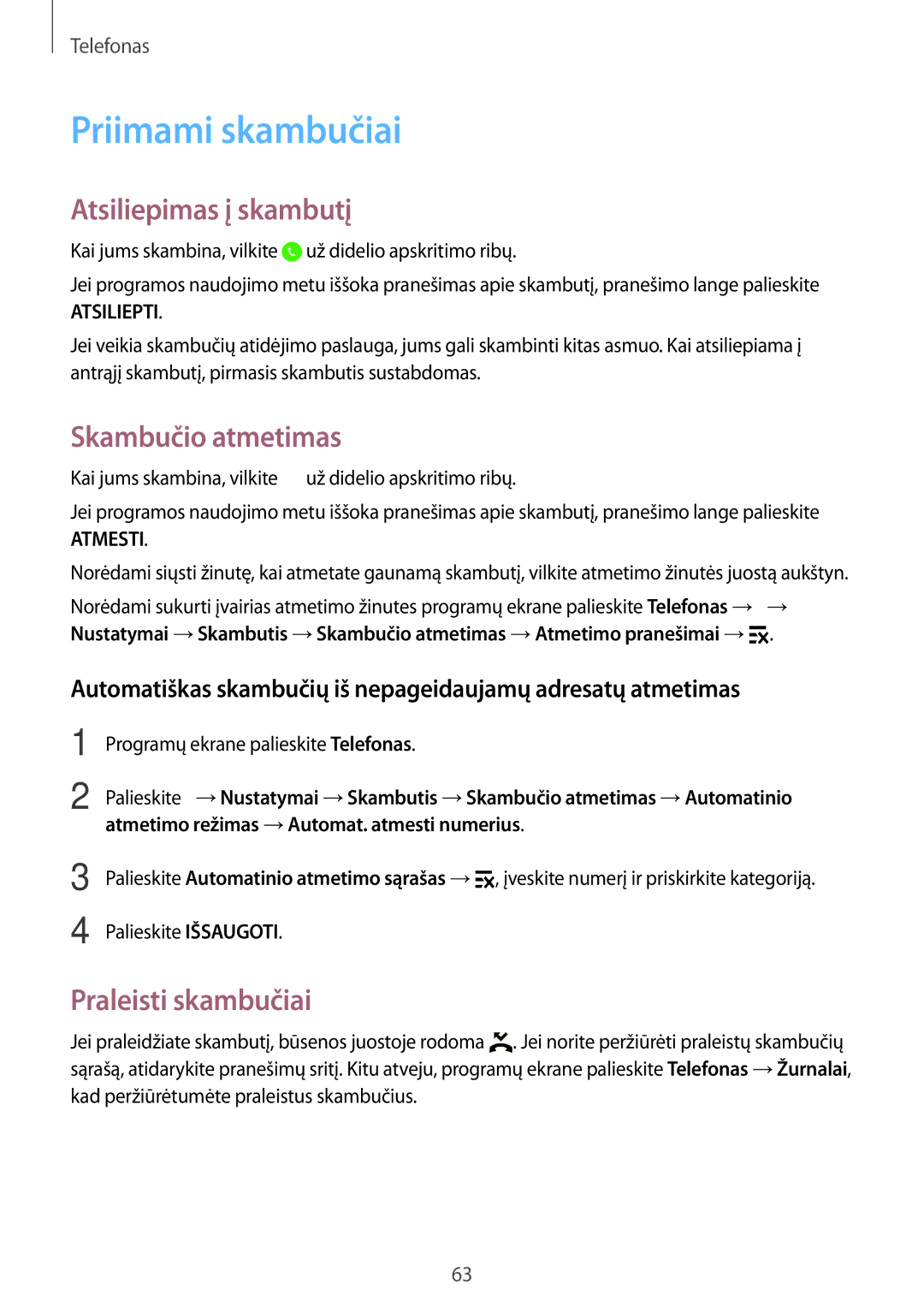 Samsung SM-G900FZBASEB manual Priimami skambučiai, Atsiliepimas į skambutį, Skambučio atmetimas, Praleisti skambučiai 