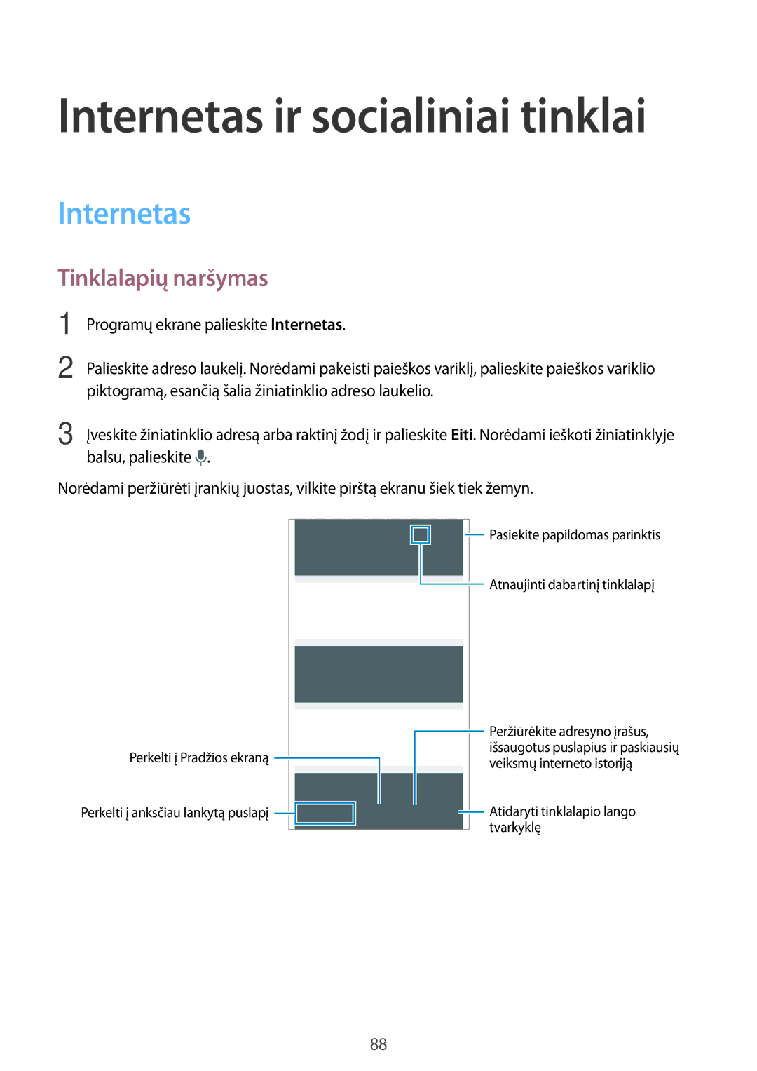 Samsung SM-G900FZDASEB, SM-G900FZWASEB, SM-G900FZKASEB, SM-G900FZBASEB manual Internetas, Tinklalapių naršymas 