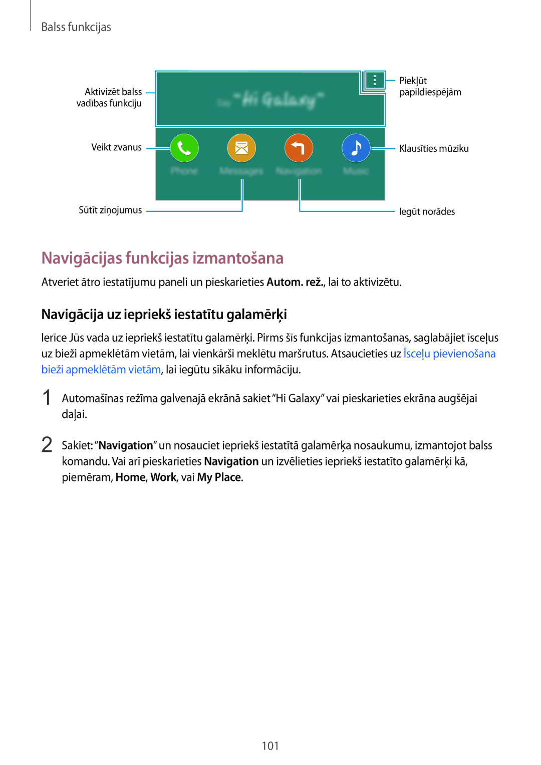 Samsung SM-G900FZWASEB manual Navigācijas funkcijas izmantošana, Navigācija uz iepriekš iestatītu galamērķi, Daļai 