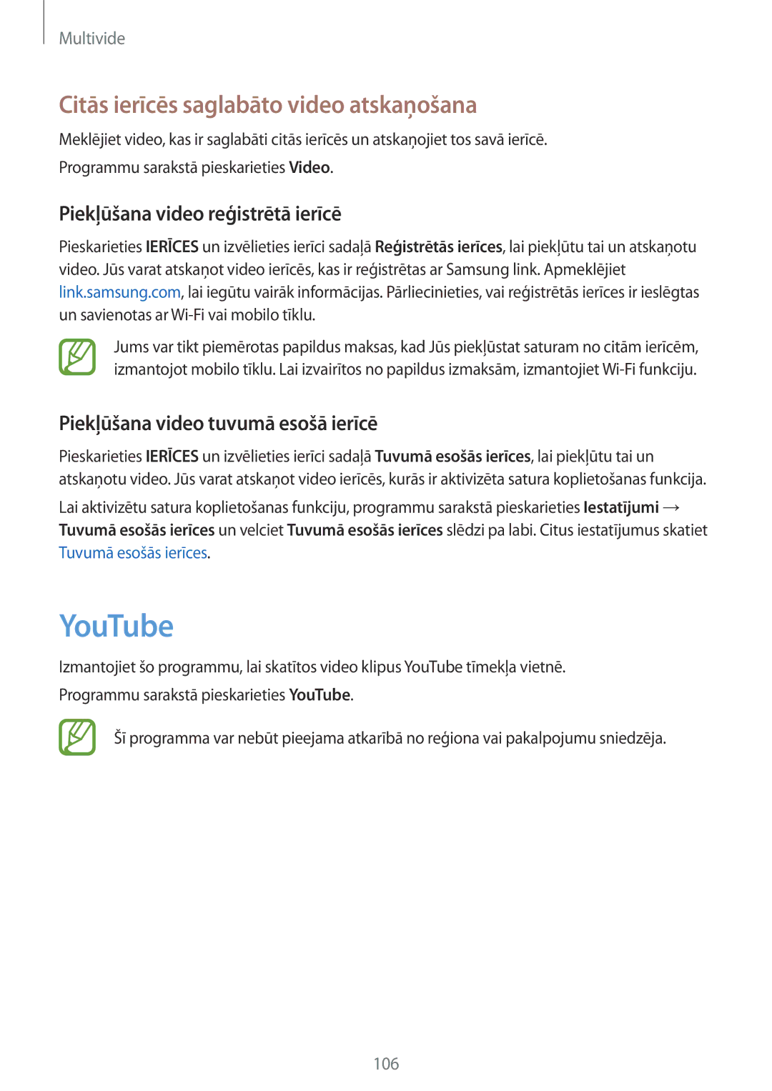 Samsung SM-G900FZKASEB manual YouTube, Citās ierīcēs saglabāto video atskaņošana, Piekļūšana video reģistrētā ierīcē 