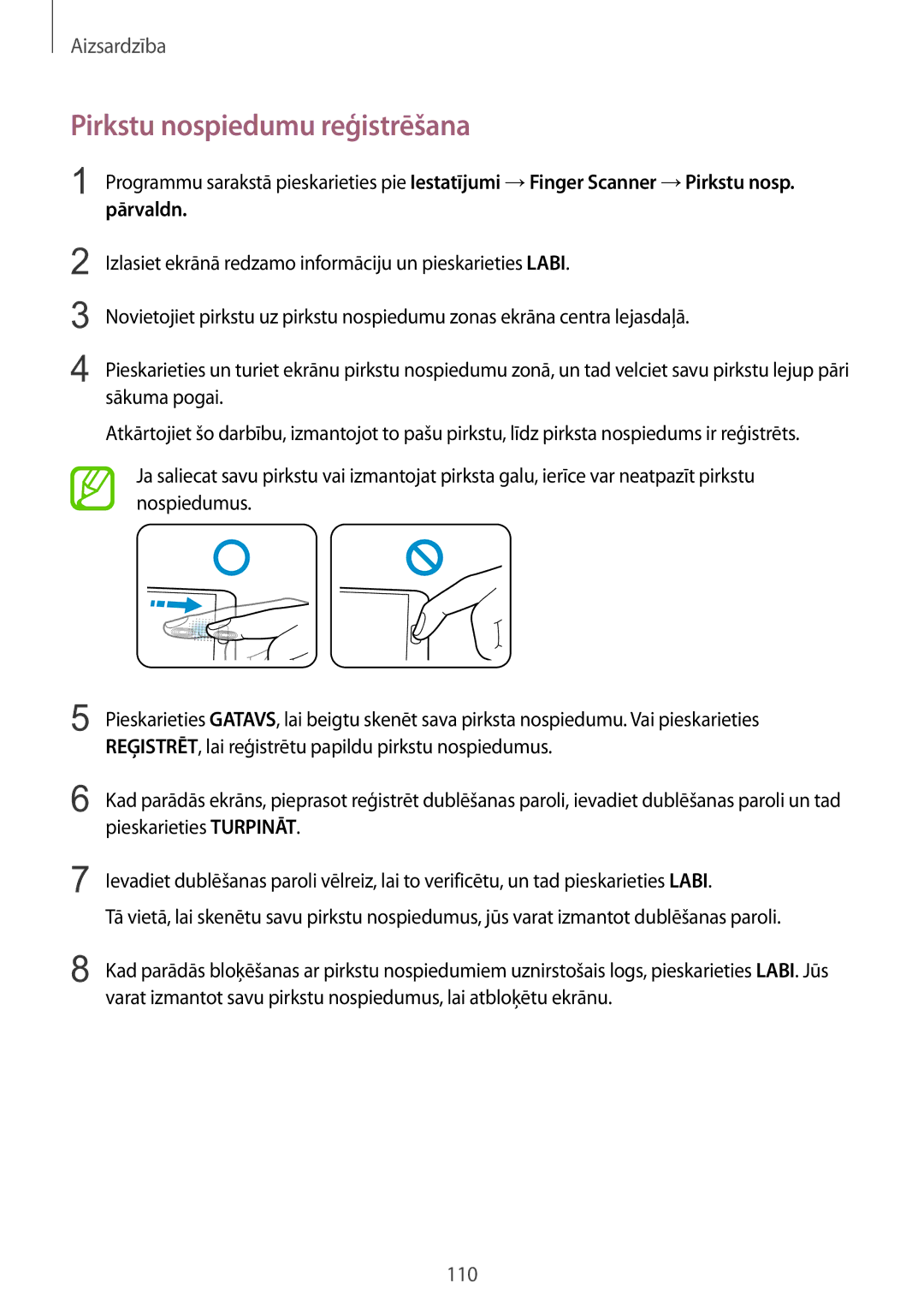 Samsung SM-G900FZKASEB manual Pirkstu nospiedumu reģistrēšana, REĢISTRĒT, lai reģistrētu papildu pirkstu nospiedumus 