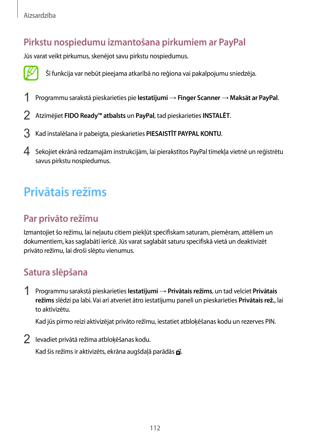 Samsung SM-G900FZDASEB manual Privātais režīms, Pirkstu nospiedumu izmantošana pirkumiem ar PayPal, Par privāto režīmu 