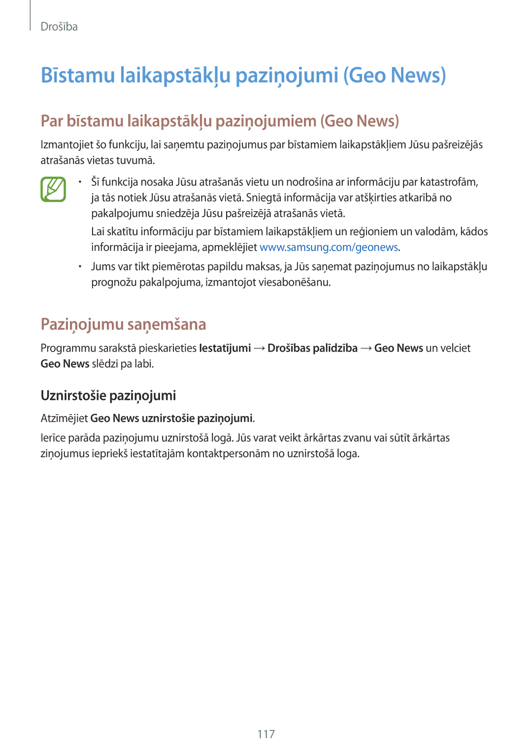 Samsung SM-G900FZWASEB manual Bīstamu laikapstākļu paziņojumi Geo News, Par bīstamu laikapstākļu paziņojumiem Geo News 
