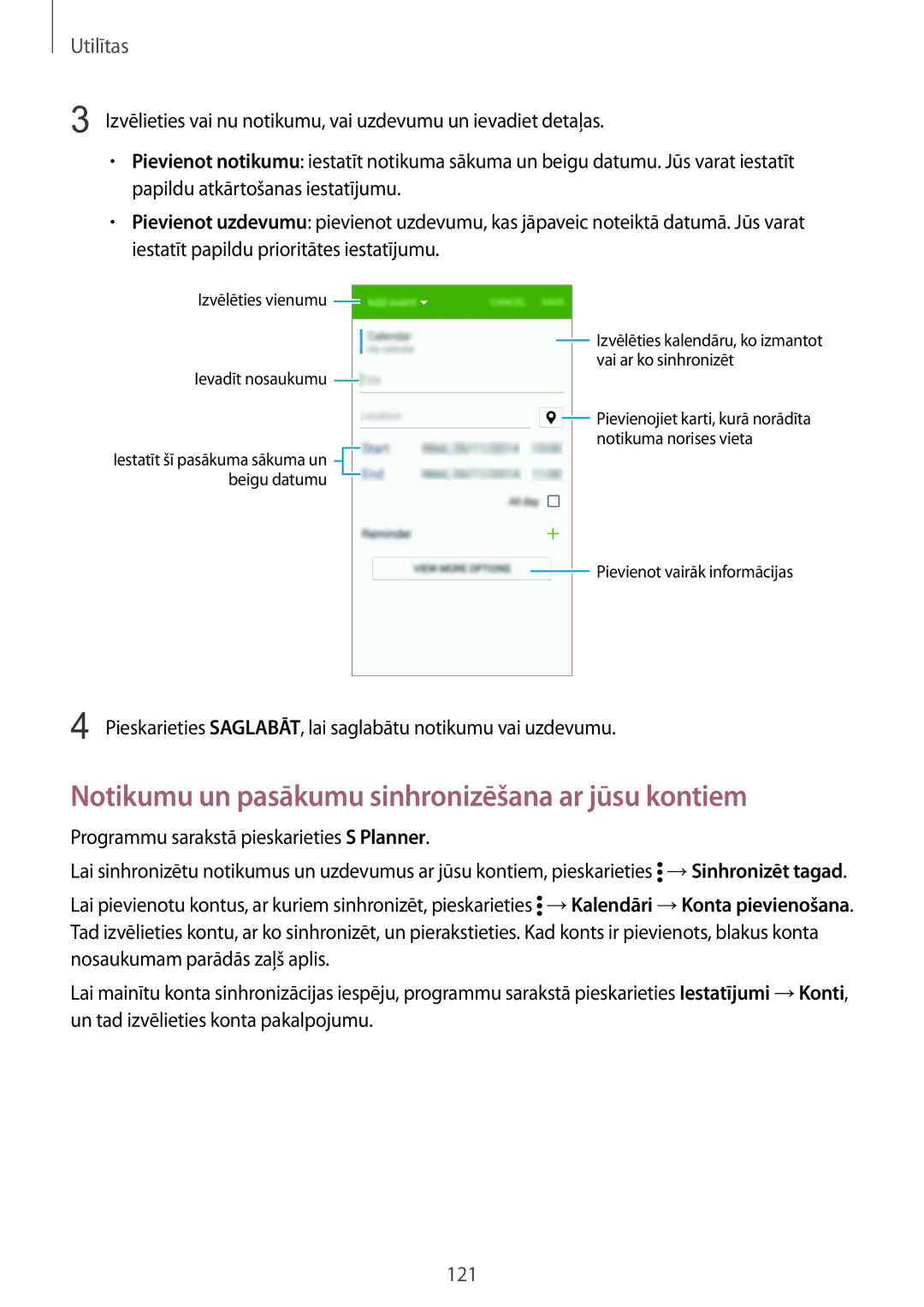 Samsung SM-G900FZWASEB Notikumu un pasākumu sinhronizēšana ar jūsu kontiem, Programmu sarakstā pieskarieties S Planner 