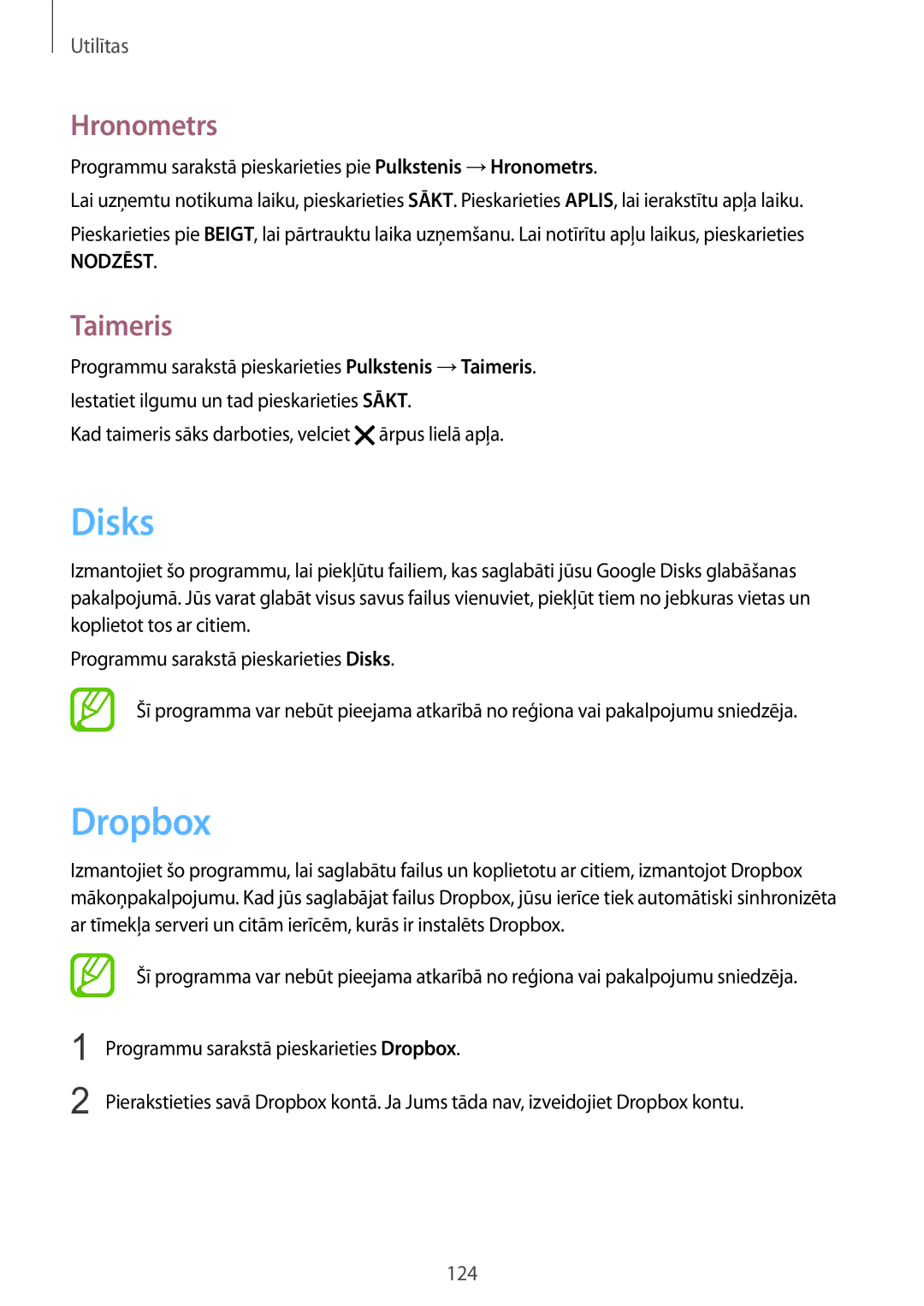 Samsung SM-G900FZDASEB manual Disks, Dropbox, Taimeris, Programmu sarakstā pieskarieties pie Pulkstenis →Hronometrs 