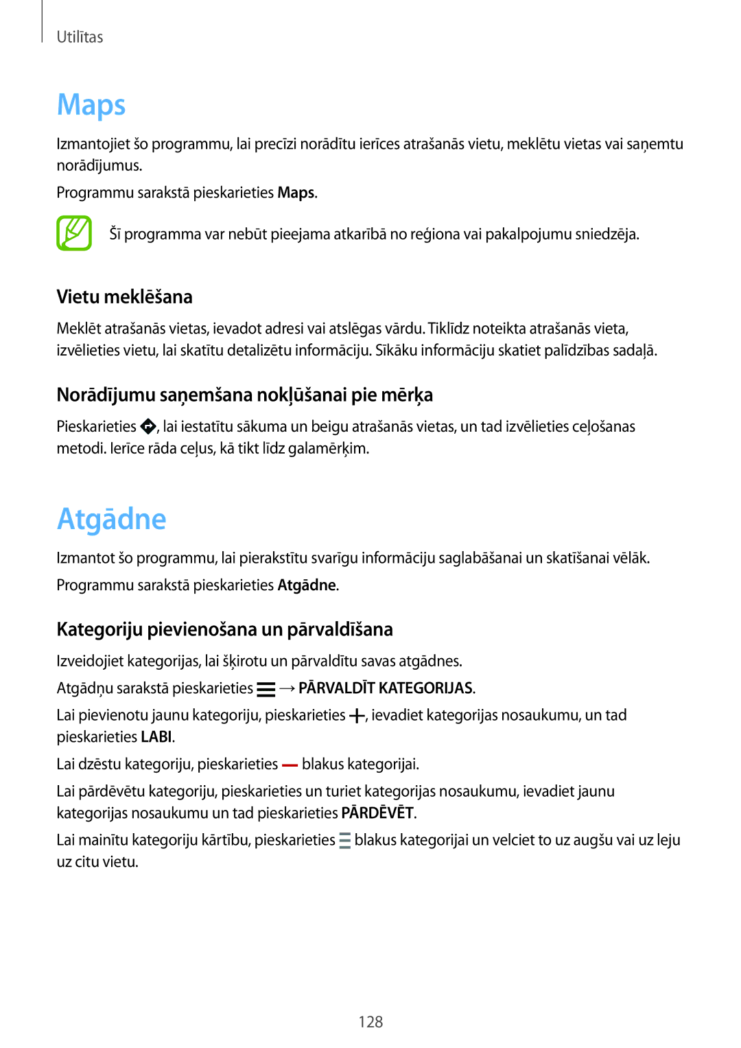 Samsung SM-G900FZDASEB, SM-G900FZWASEB manual Maps, Atgādne, Vietu meklēšana, Norādījumu saņemšana nokļūšanai pie mērķa 