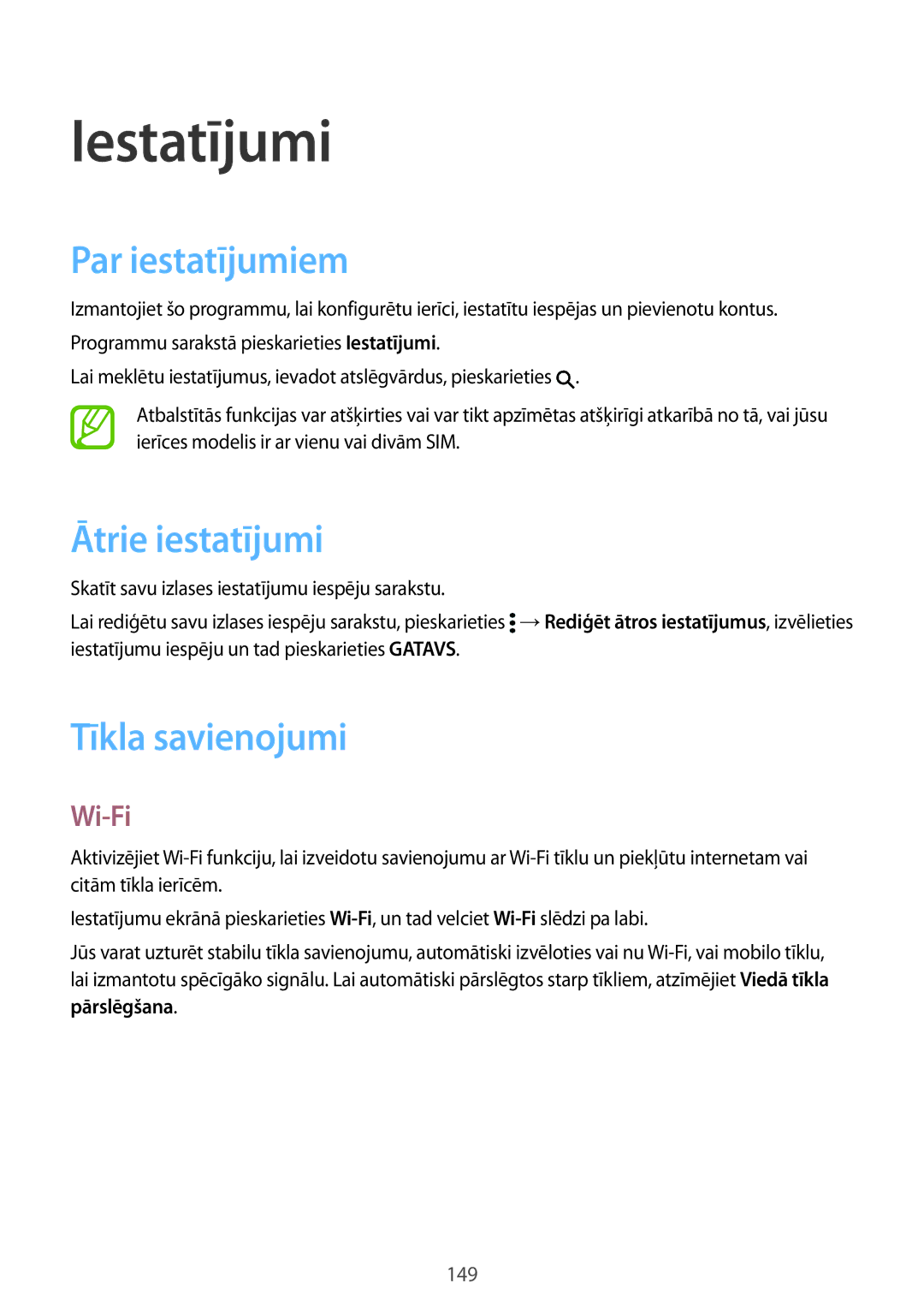 Samsung SM-G900FZWASEB, SM-G900FZDASEB manual Iestatījumi, Par iestatījumiem, Ātrie iestatījumi, Tīkla savienojumi, Wi-Fi 