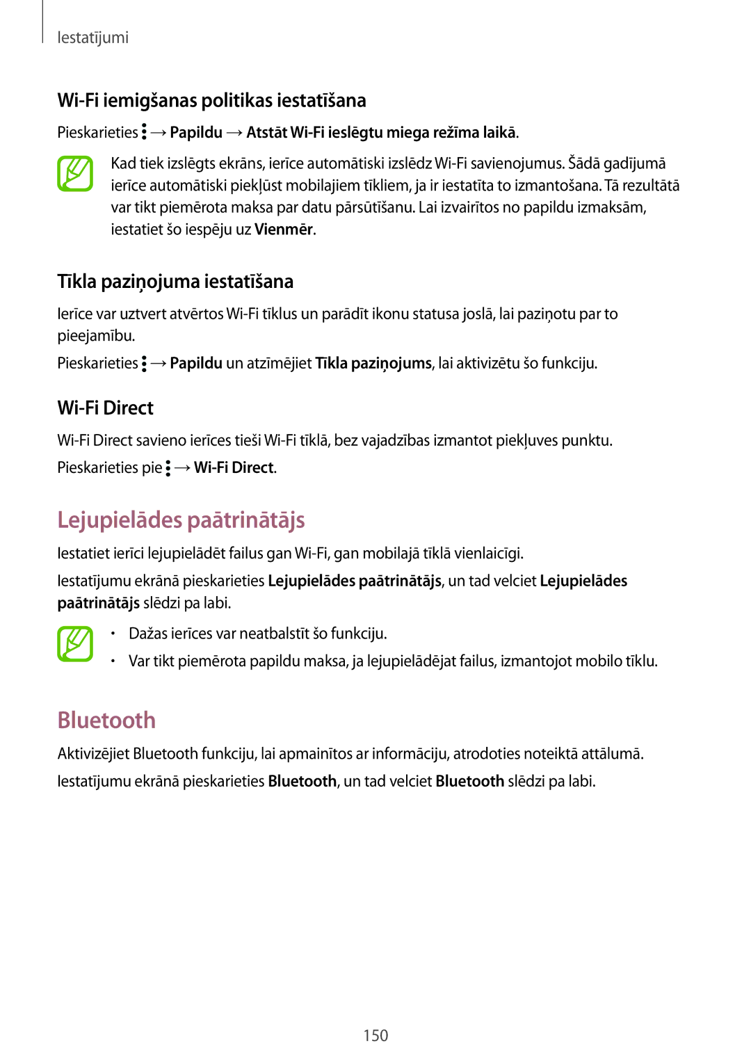 Samsung SM-G900FZKASEB manual Lejupielādes paātrinātājs, Bluetooth, Wi-Fi iemigšanas politikas iestatīšana, Wi-Fi Direct 