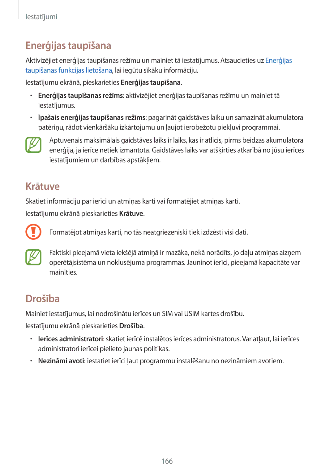 Samsung SM-G900FZKASEB, SM-G900FZDASEB, SM-G900FZWASEB, SM-G900FZBASEB manual Enerģijas taupīšana, Krātuve, Drošība 