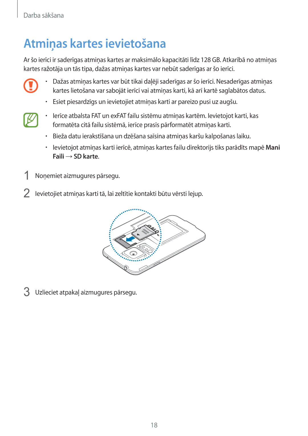 Samsung SM-G900FZKASEB, SM-G900FZDASEB, SM-G900FZWASEB, SM-G900FZBASEB manual Atmiņas kartes ievietošana 