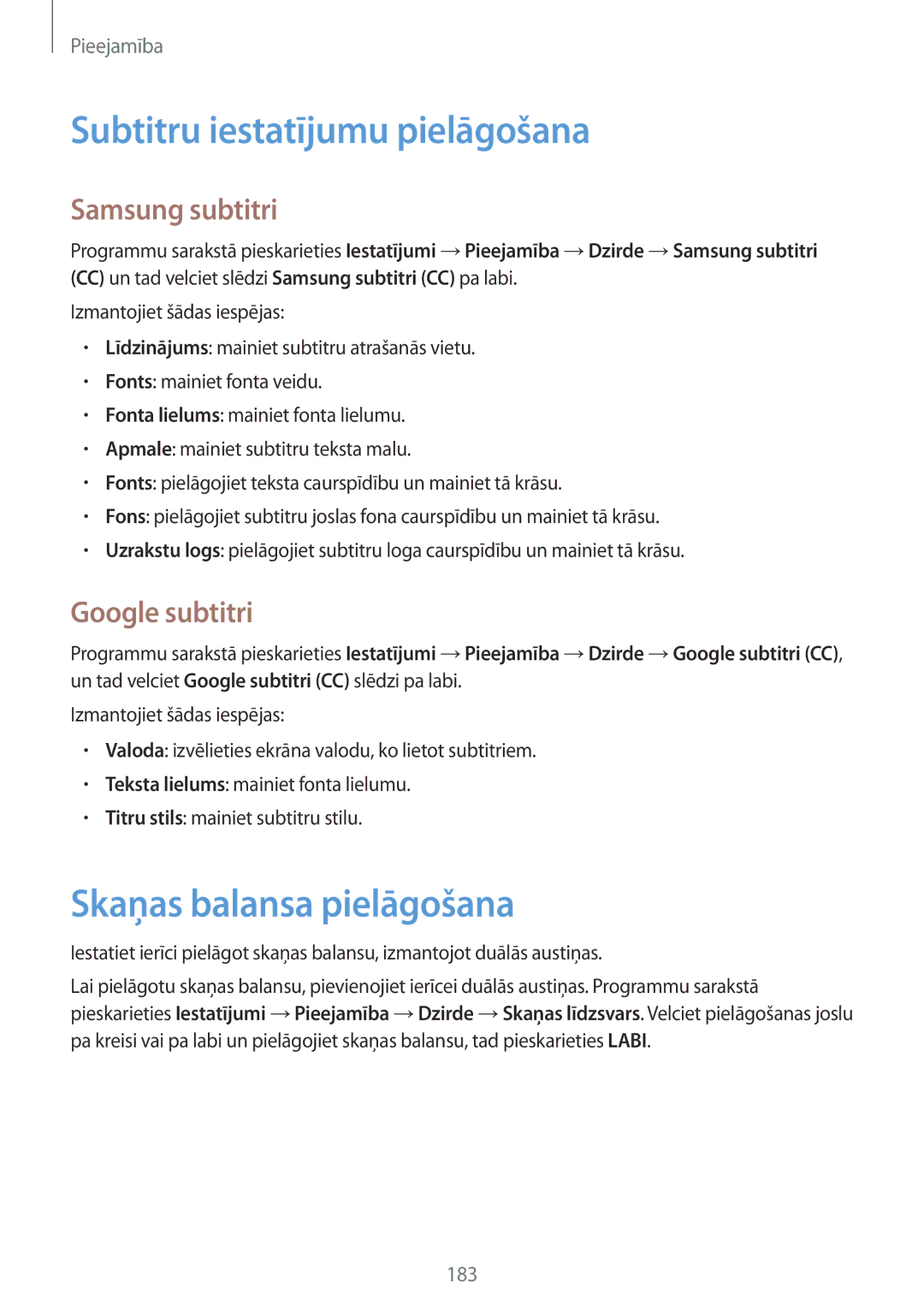 Samsung SM-G900FZBASEB Subtitru iestatījumu pielāgošana, Skaņas balansa pielāgošana, Samsung subtitri, Google subtitri 