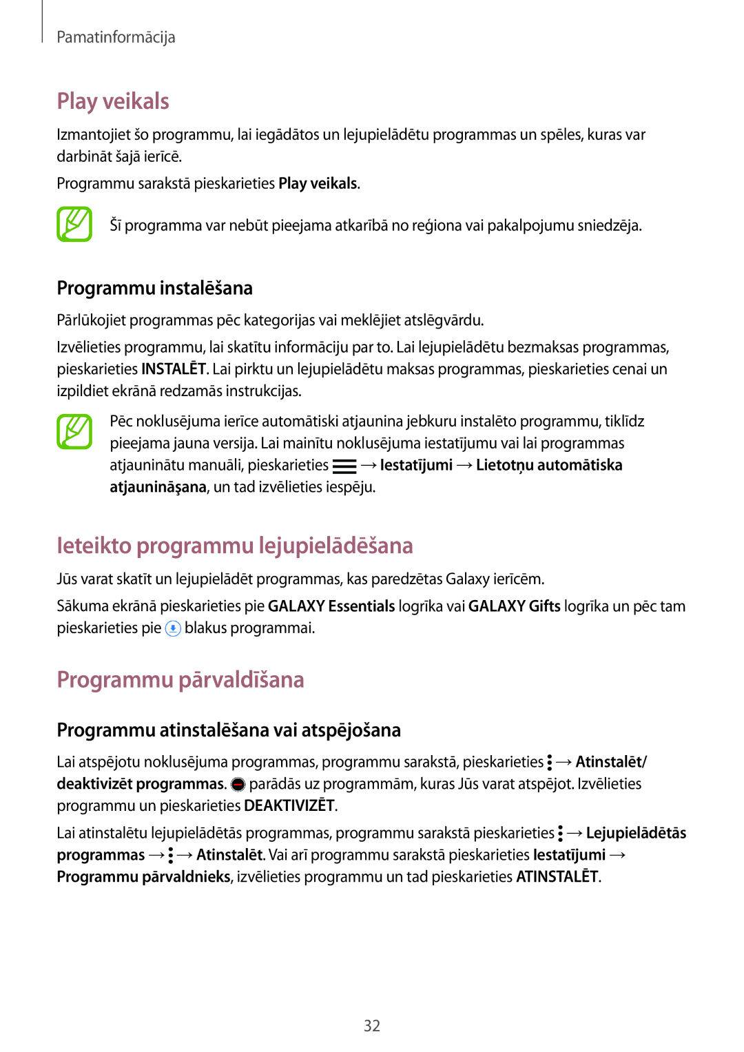 Samsung SM-G900FZDASEB, SM-G900FZWASEB manual Play veikals, Ieteikto programmu lejupielādēšana, Programmu pārvaldīšana 